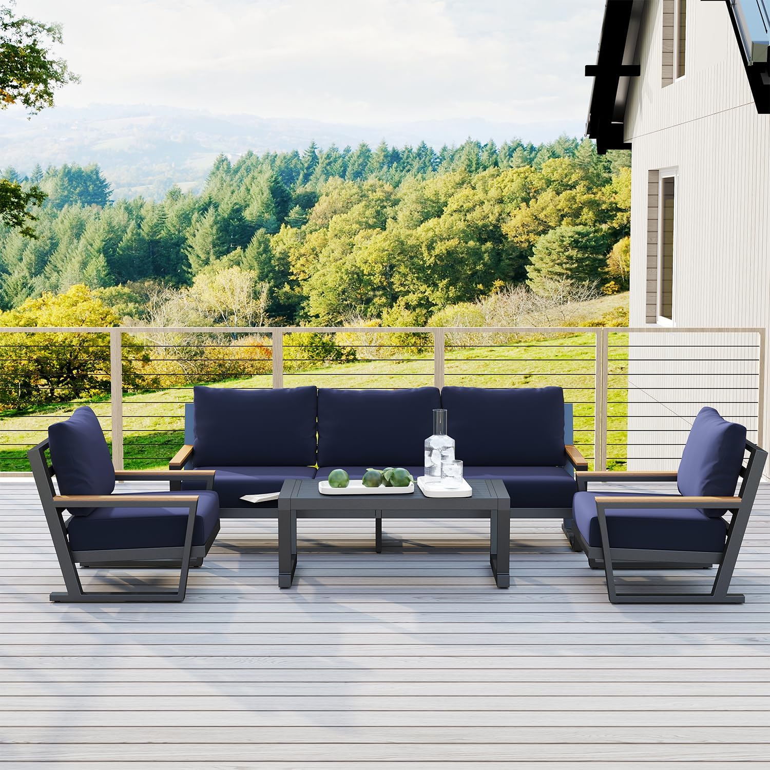 Aug-guan Aluminum Outdoor Sofa,4 Seats Modern Patio Furniture Set,Sectional Sofa Conversation Set with Coffee Table, Upgraded Washable Cushions for Garden Backyard,Blue