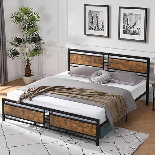 Altillo Marco de cama de plataforma de metal tamaño King con cabecero de maderaestribo, cama moderna de plataforma de campo vintage con soporte de