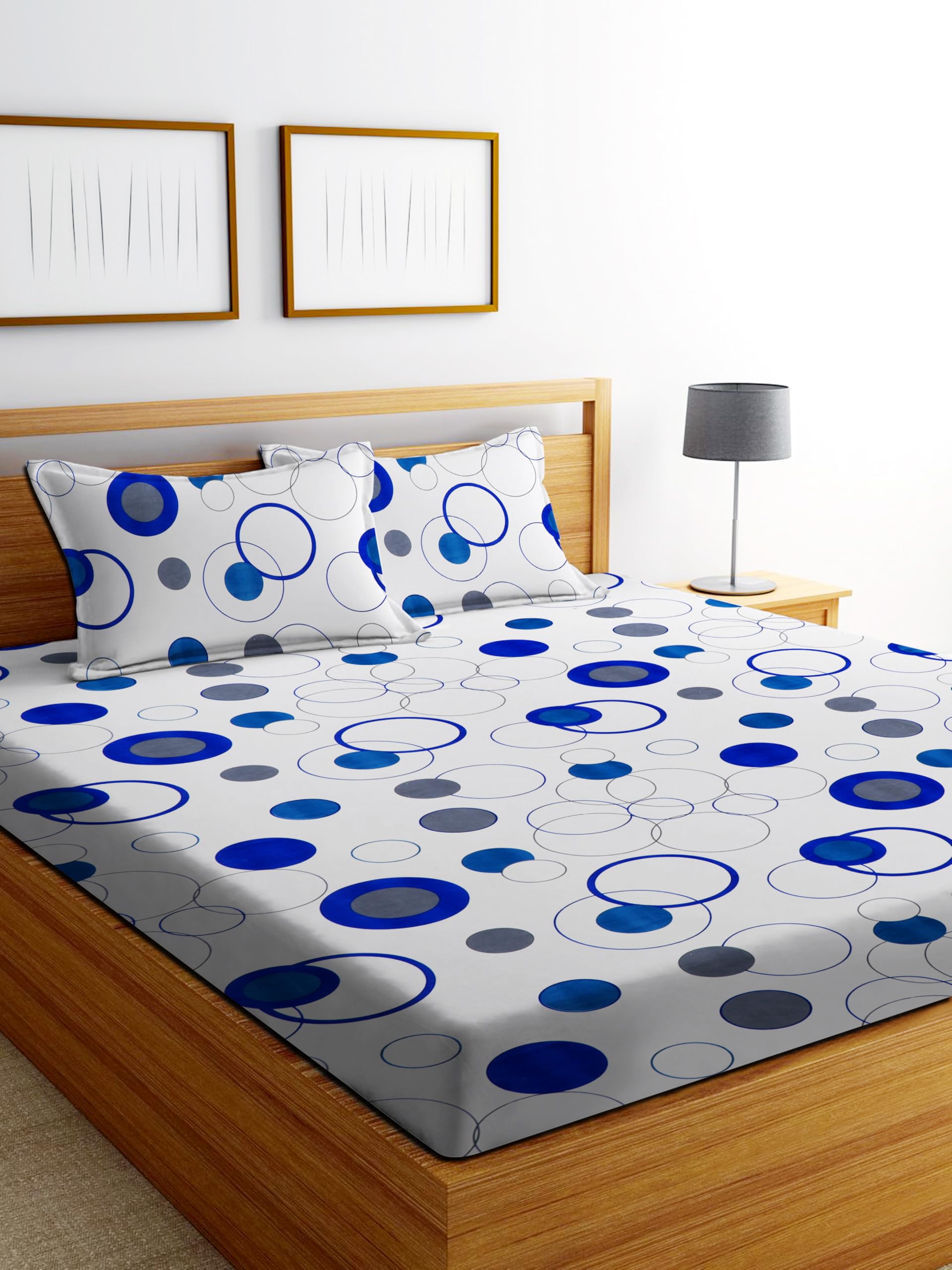 DECORUM Glace Cotton Fitted 1 Bedsheet King Size (72"x78") | All Around Elastic | Cotton Feel | 2 Pillow Covers (17"x27") | Fits Up to 8" Mattress | 200-220 TC | Printed Double Bed Sheet Set