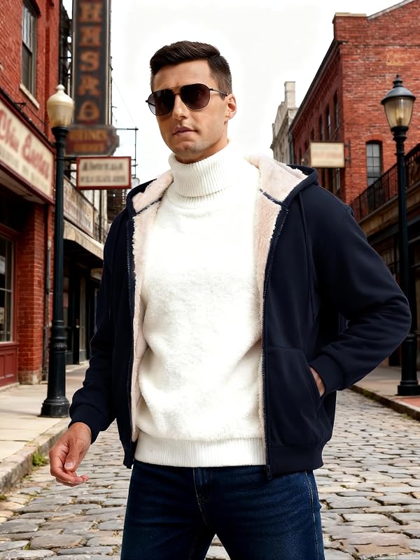 MAGCOMSEN Men's Zip Up Hoodie Sherpa Lined Hooded Sweatshirt Winter Heavyweight Hoodies Warm Thick Fleece Jacket Navy L by MAGCOMSEN - Image 2