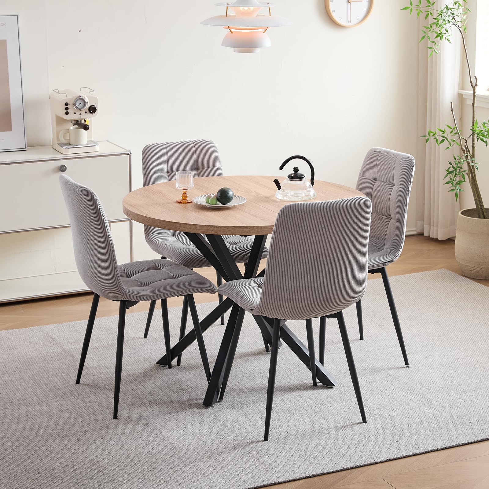 Esstisch- und Stuhlset, 4 Cord mit Hoher Rückenlehne und EIN 100 cm Langer Moderner Runder Esstisch, Geeignet für Küchen, Esszimmer und Wohnzimmer (Hell + Hellgrau)