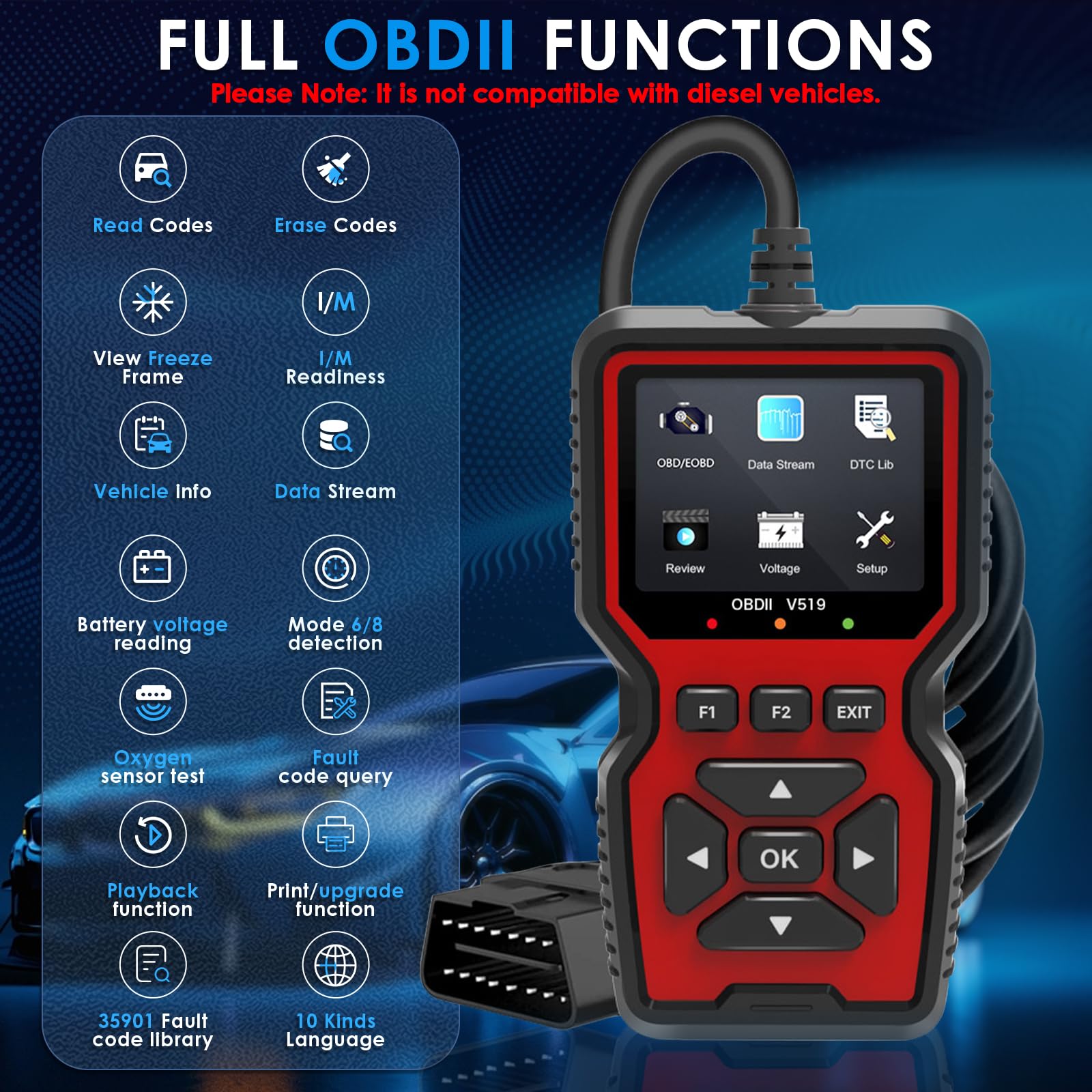 HyAdierTech OBD2 Auto Diagnosi, V519 Scanner OBD Diagnostica per Autoveicoli, Universale Motore Lettore di Codici di Guasto Strumento di Scansione Diagnostica, Compatibile con i Protocolli OBDII