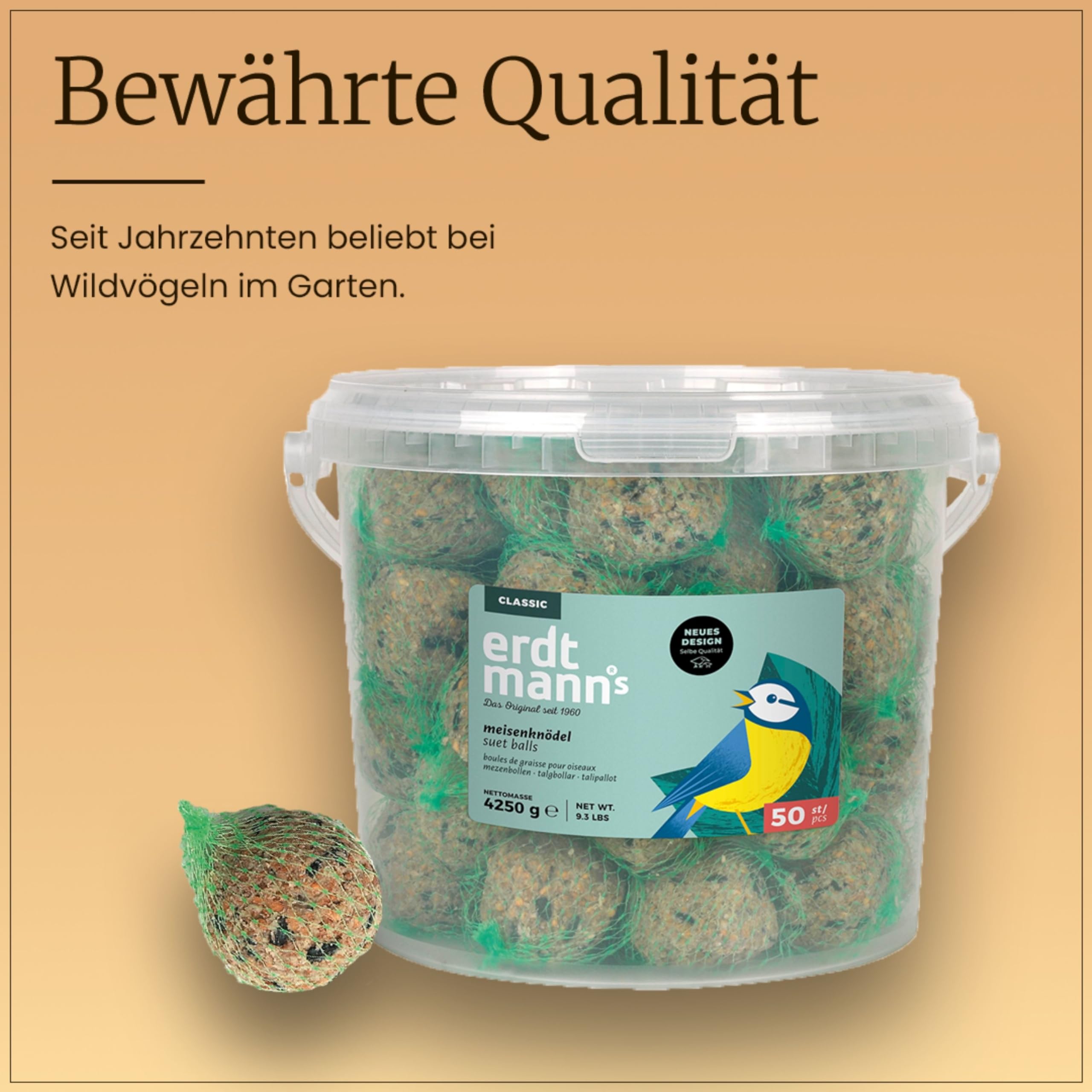 Erdtmanns 50 Meisenknödel mit Netz im Eimer 4,25 kg – Vogelfutter mit Getreideflocken & Sonnenblumenkernen – Ganzjahresfutter für Wildvögel – für Garten, Balkon & Bäume