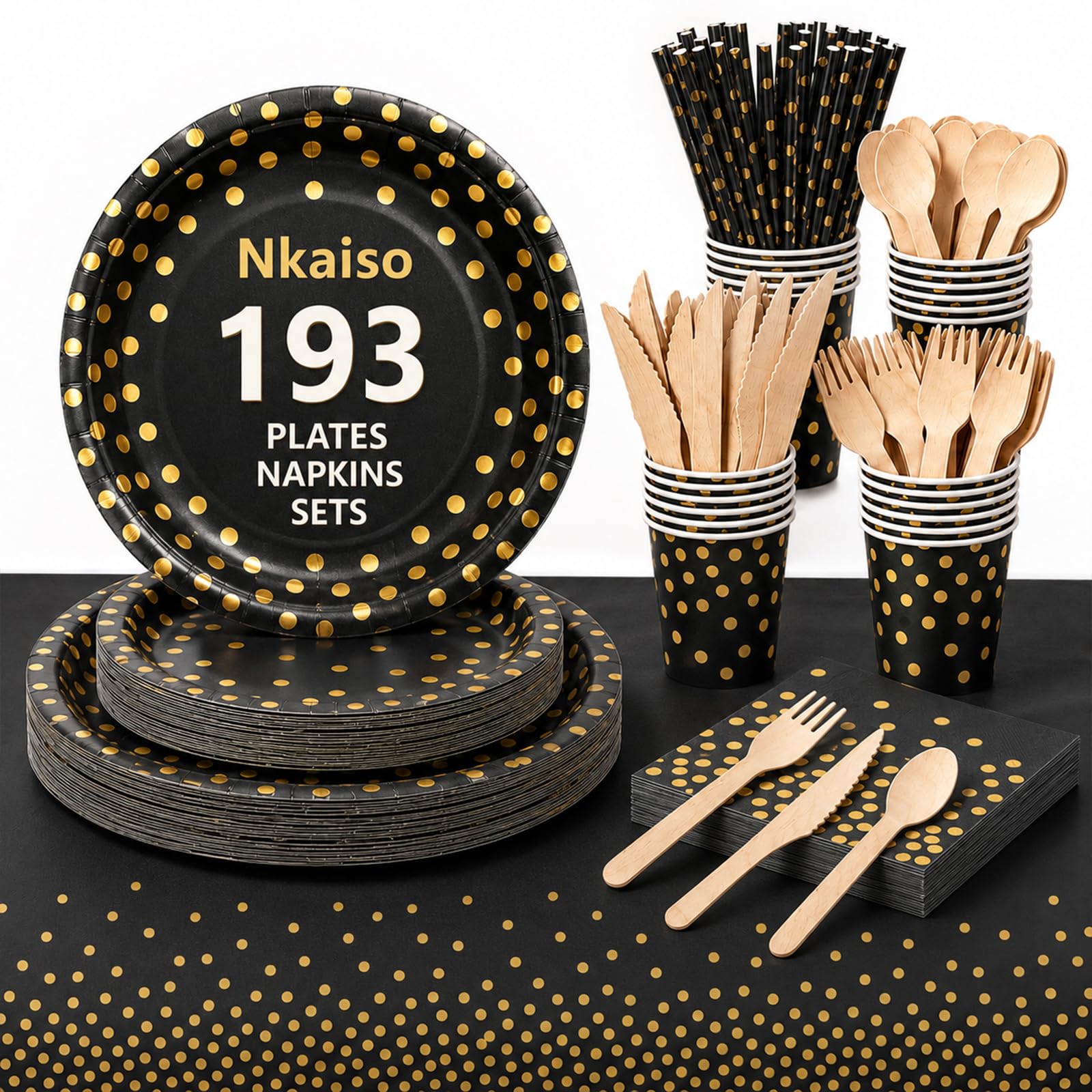 Nkaiso 193 Stück Schwarzesgold Pappteller Partygeschirr Set -24 Gäste
