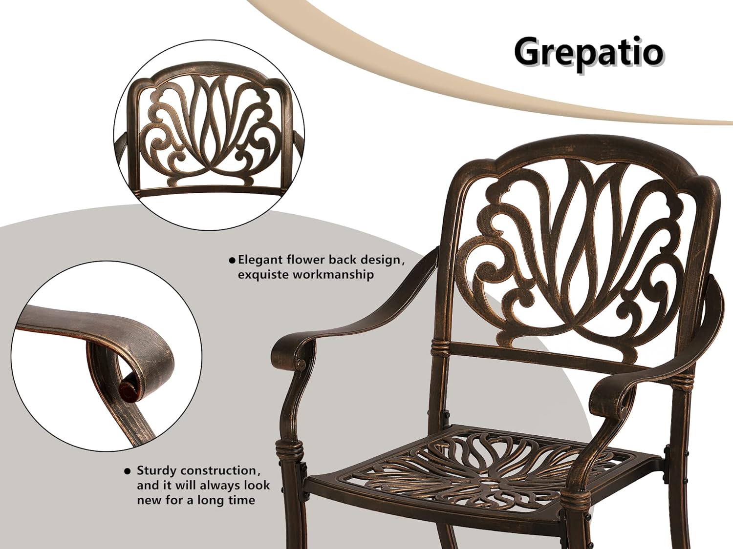 Grepatio 3 Piece All Weather Cast Aluminum Dining Set - 2 Elizabeth Chairs and 35.4" Bistro Table with Umbrella Hole -Outdoor Furniture Dining Set for Patio