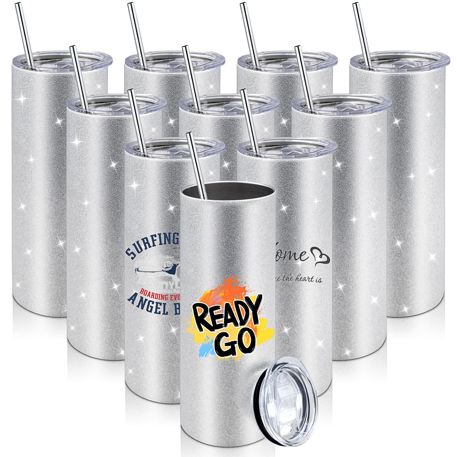 TESIN 10 Pack Silver Sublimation Tumblers 20 oz Blank Skinny Tumbler Bulk Glitter Straight Double Wall Stainless Steel Insulated Tumblers with Lid and Straw for Heat Transfer Water Bottle Gift