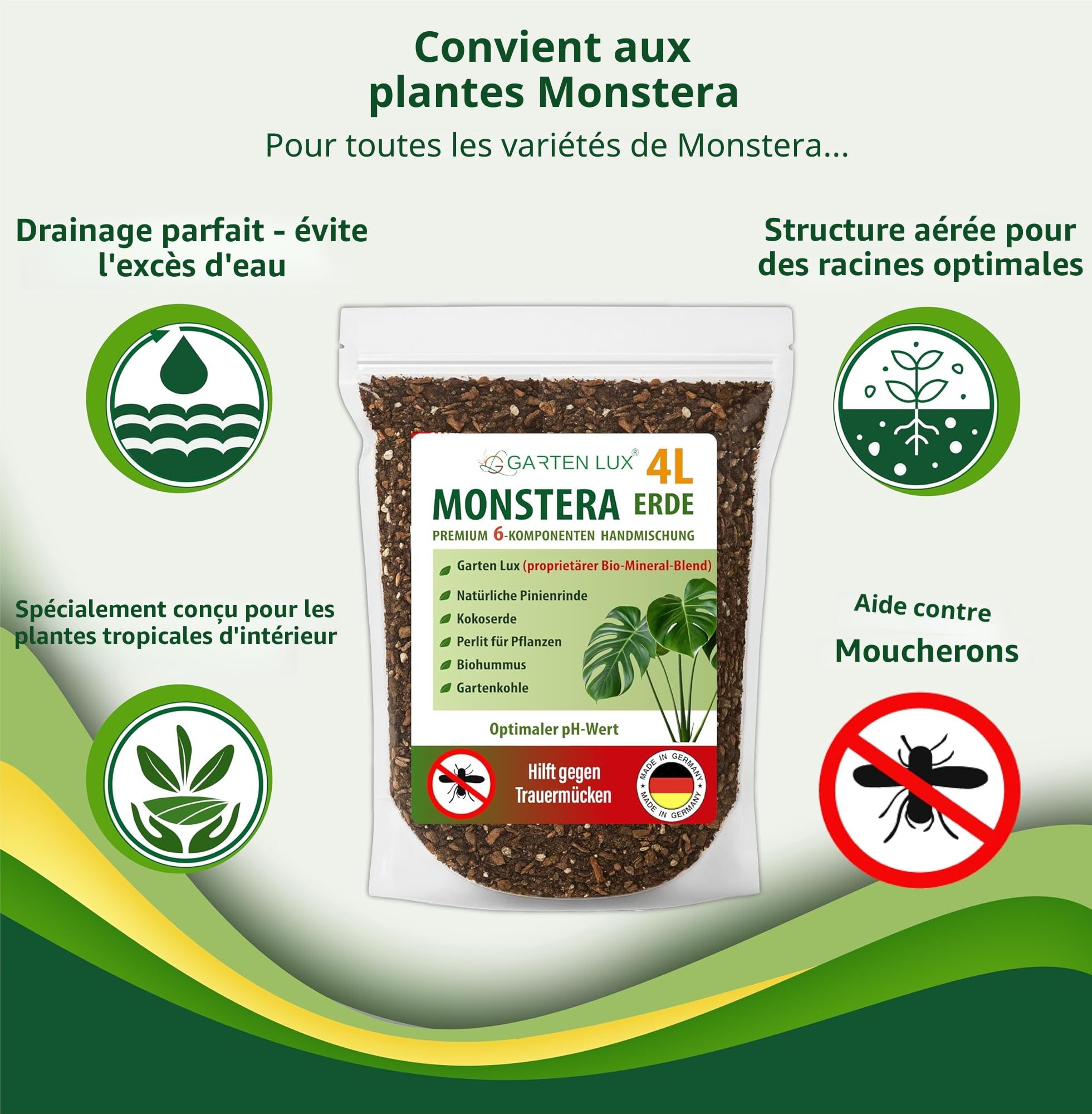 Garten Lux Monstera Terra 4L sans tourbe - 6-en-1 contre les moustiques deuil | substrat aroid | terre de coco, perlite, écorce de pin, biohoumus, charbon de jardin + complexe secret | drainant
