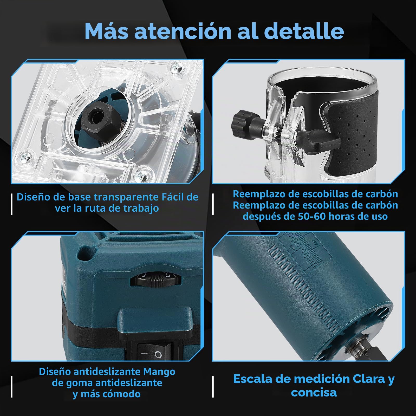 Fresadora Madera Fresadora Rebajadora Eléctrica 800W, 6 Velocidades 10000-30000 RPM, Fresadora de Mano con 15 Piezas Fresas 1/4" y Caja de Madera, Pinza 6.35mm Enchufe UE Azul para Carpintería