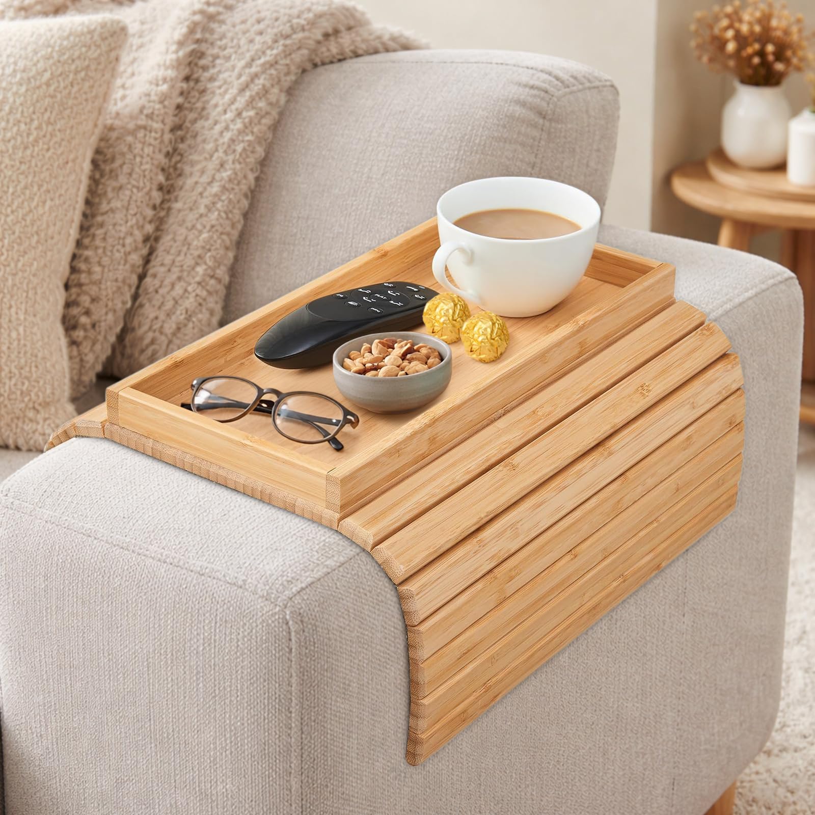 Sythrix Brown Bamboo Sofa Arm Tray, Foldable Couch Armchair Tray, Sofa Arm Table, Sofa Armrest Tray, Armrest Tray Sofa Cup Holder For Remotes Snacks Drink Magazine