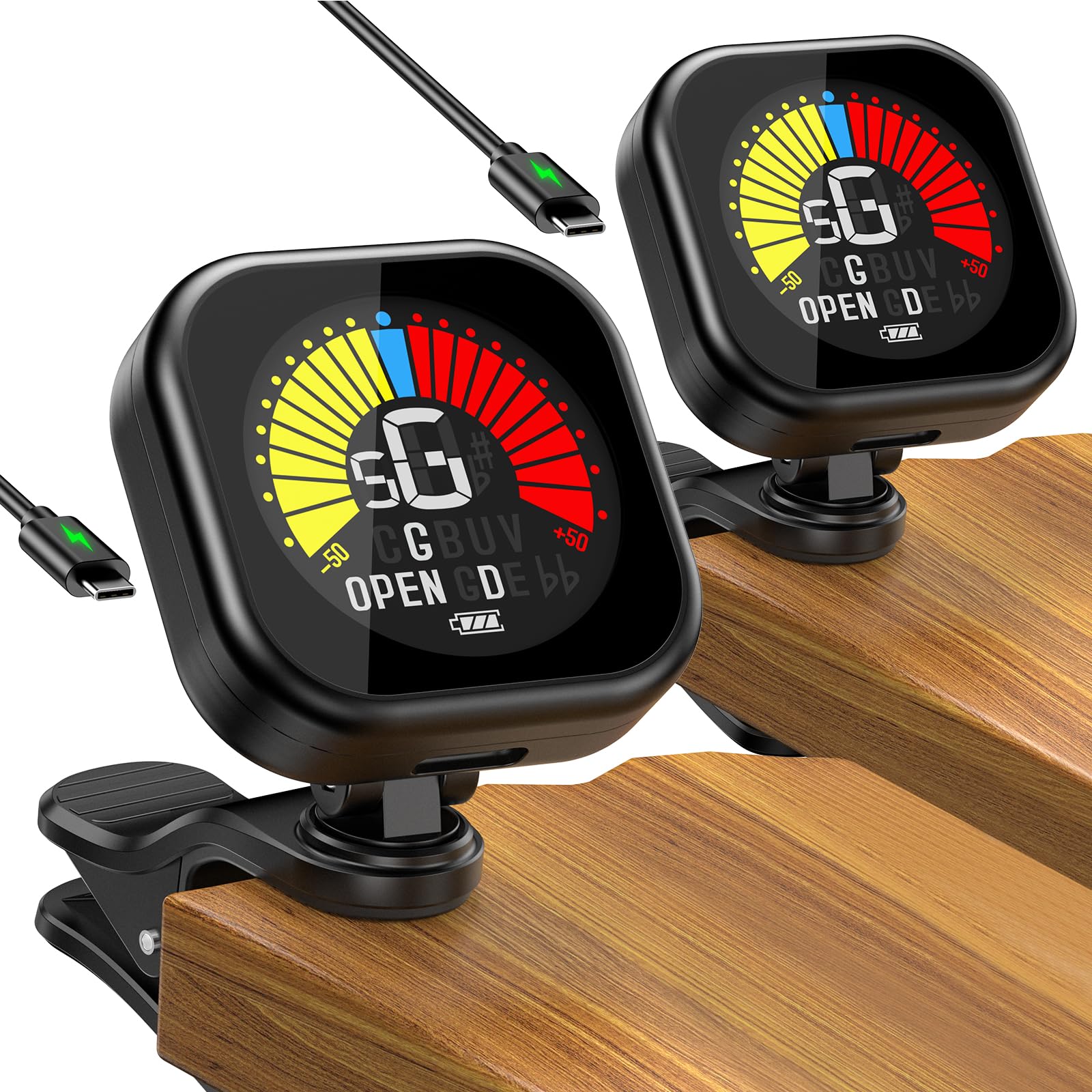 New Bee Guitar Tuner Clip-On Rechargeable with Color Screen 360° Rotatable Acoustic Chromatic Open Tuning for Guitar, Bass, Ukulele, Violin (Black, 2 Pack)