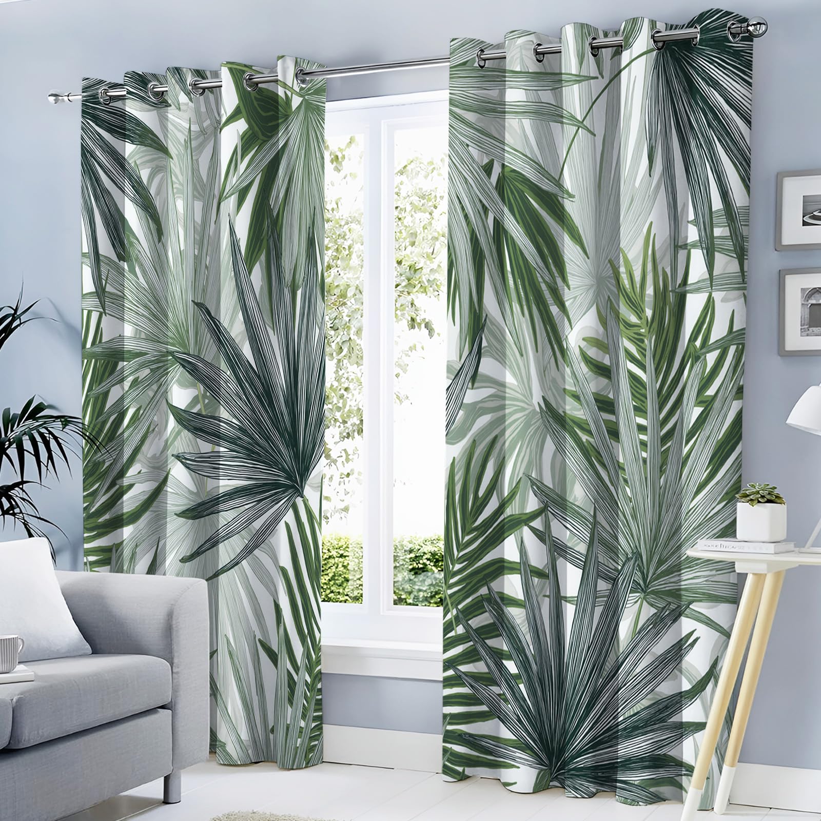 Rideau à œillets tropical vert sauge pour chambre à coucher calme