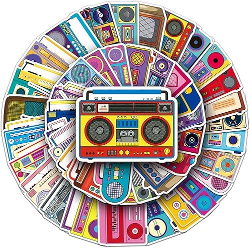 Paquete de 50 calcomanías de radio coloridas para niños, adultos y adolescentes, impermeables, vintage, de los años 80, 90, retro, para botellas de