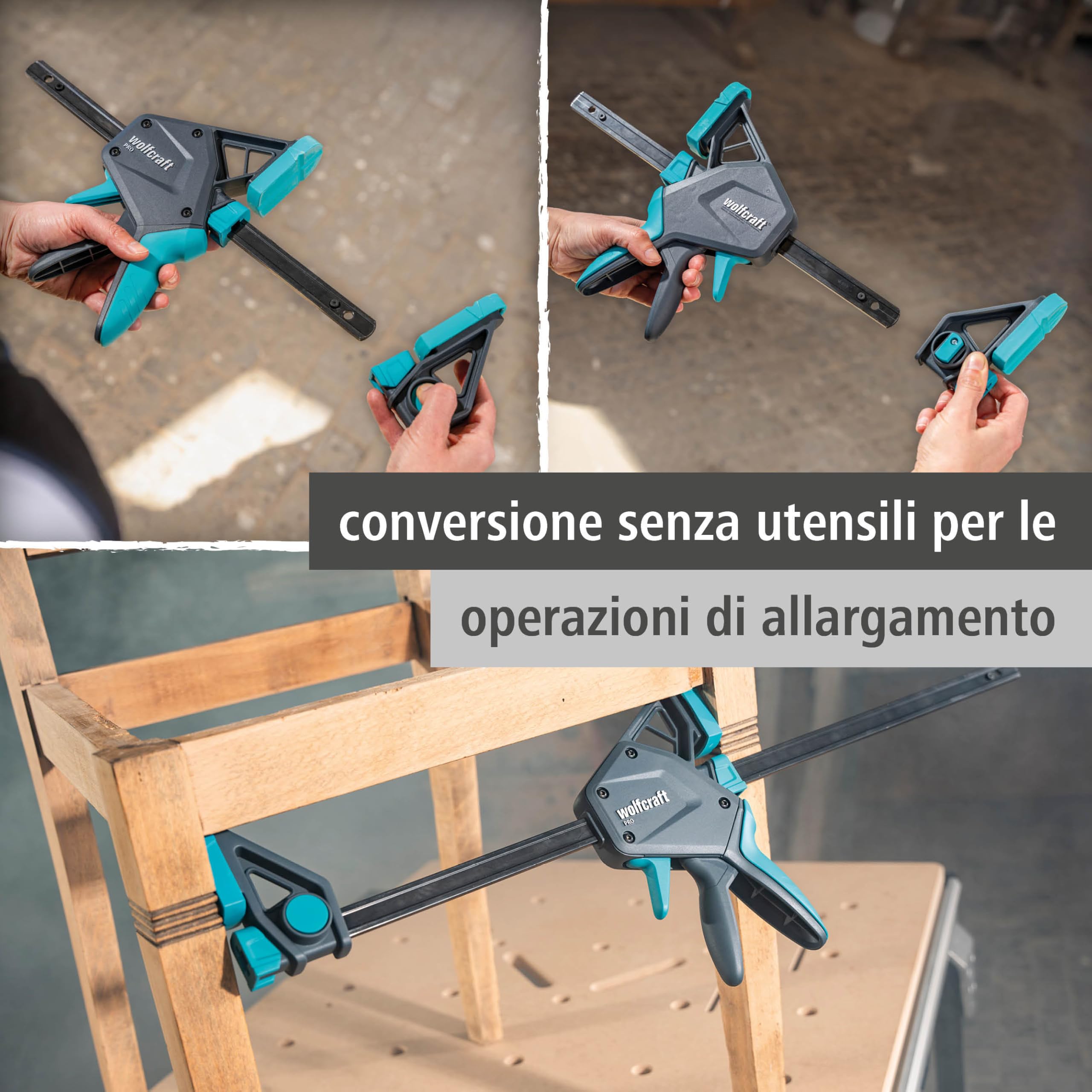 wolfcraft Set 3 Morsetti a Una Mano PRO XL, Apertura fino a 1060 mm, Forza di Serraggio 150 kg con Connettore Incluso – Made in Europe – 8673060