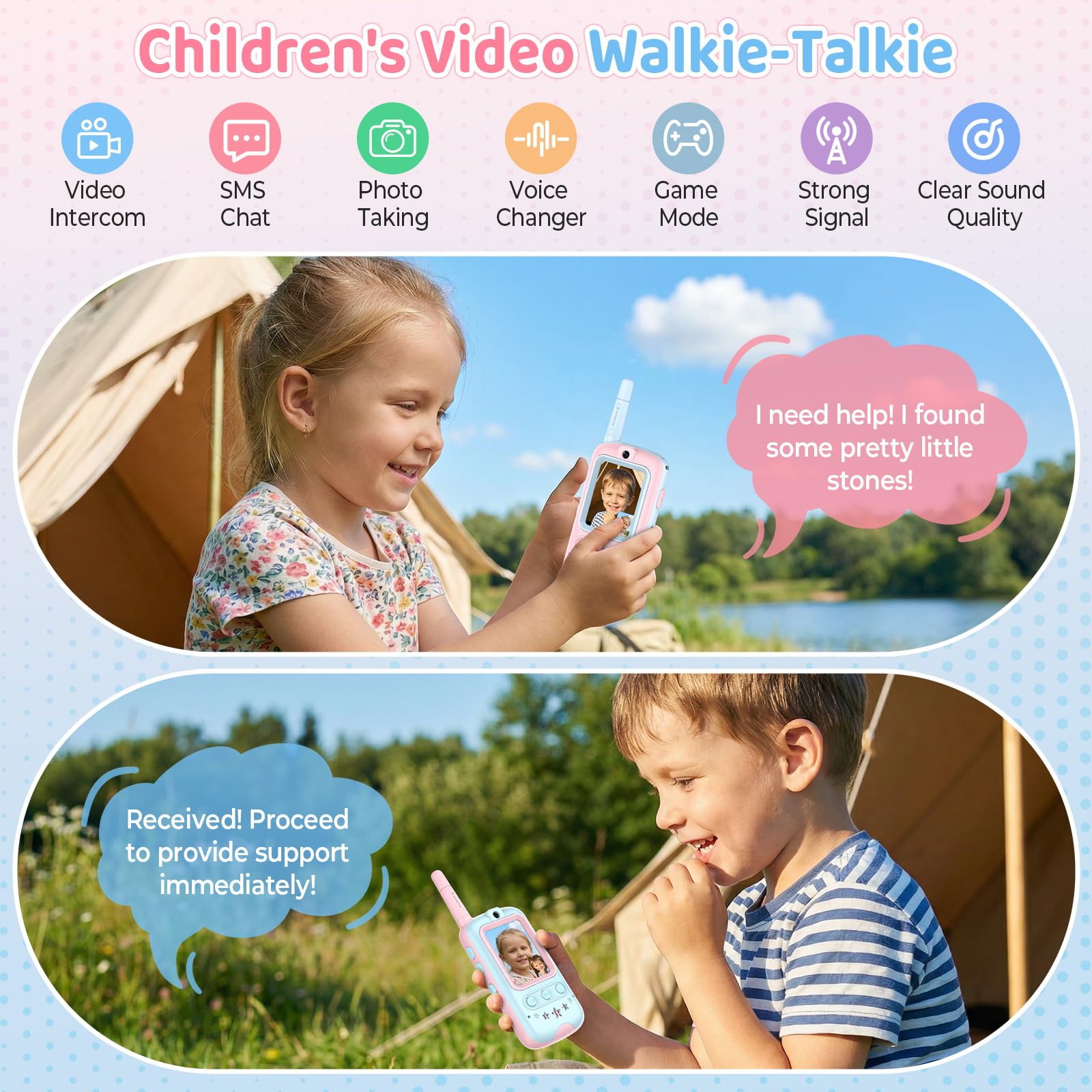 Walkie Talkie, Walkie Talkie Bambini Ricaricabili con Telecamera HD e Cambia Voce, Interazione Video per Giochi in Casa e all'Aperto, Regalo per Ragazzi e Radioline Walkie-Talkie (Rosa + Blu)
