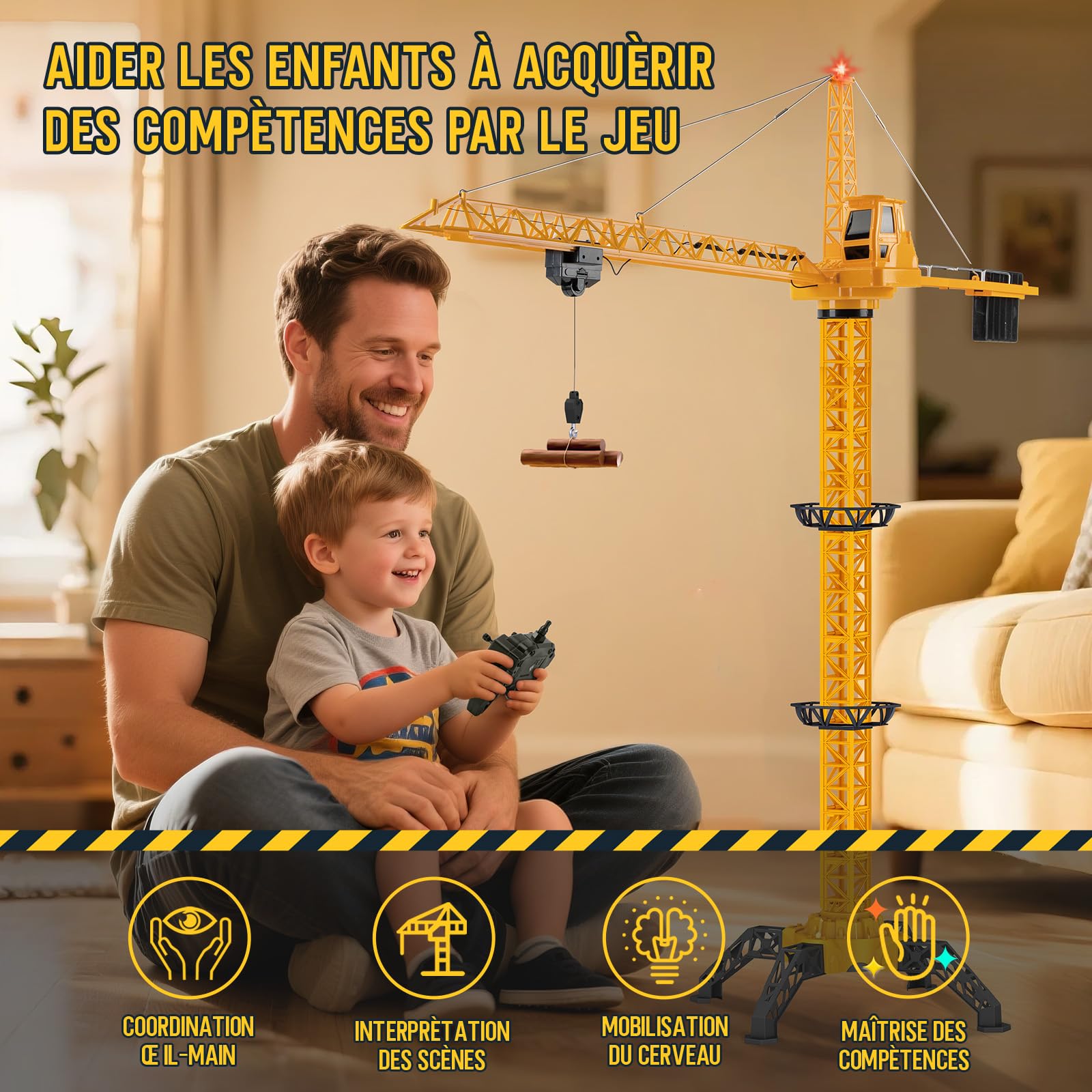 JONRRYIN Grue à Tour Télécommandée de Hauteur 138 cm, 6 Canaux 2,4 GHz RC Grue à Tour 680° Rotation, Jeu de Chantier Enfant avec Lumières pour Enfants Garçon (Jaune)
