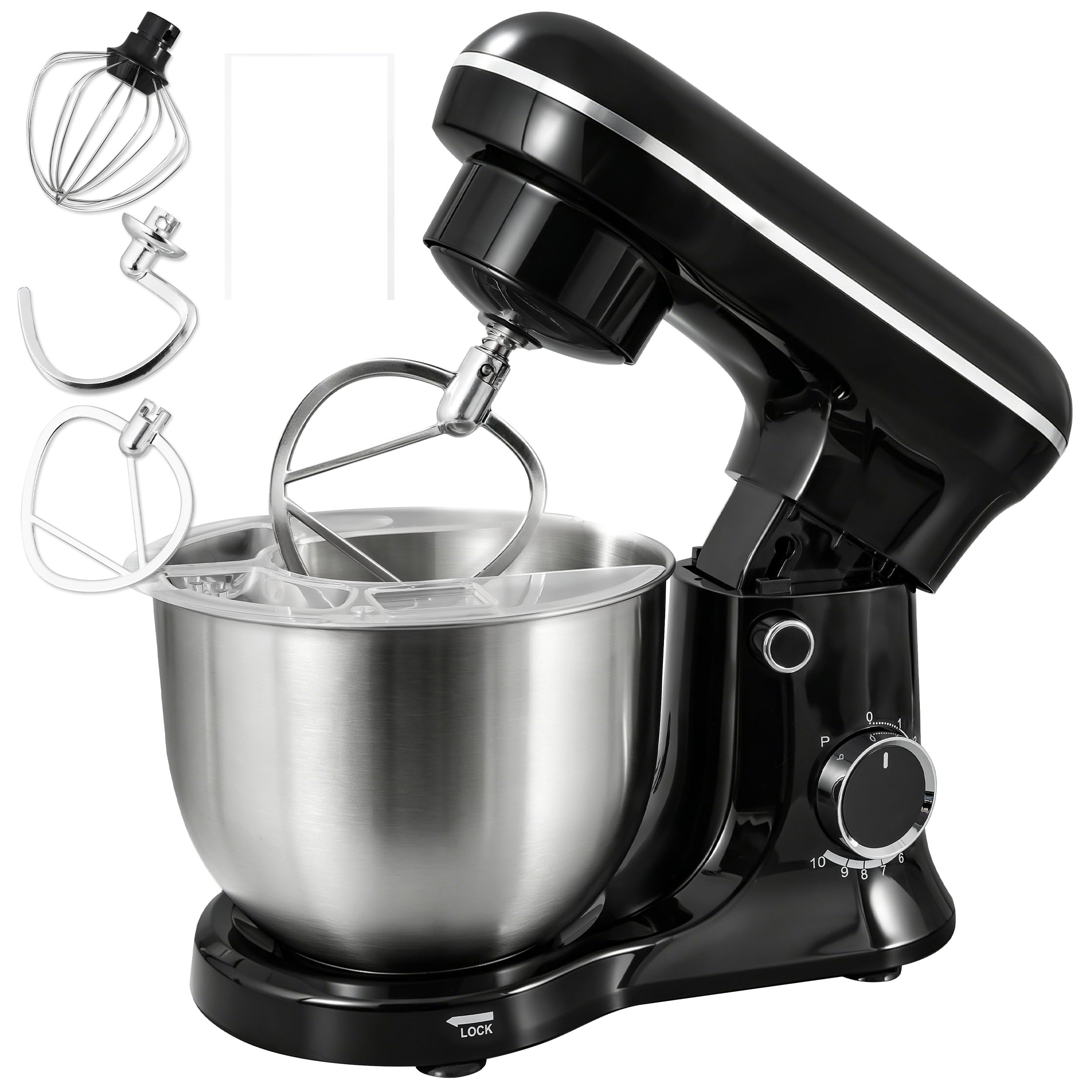 Robot kuchenny Mikser Planetarny 2000W, Czarny, Misa 5,5L ze Stali Nierdzewnej, Hak do Ciasta, Mieszadło, Trzepaczka, 6 Prędkości