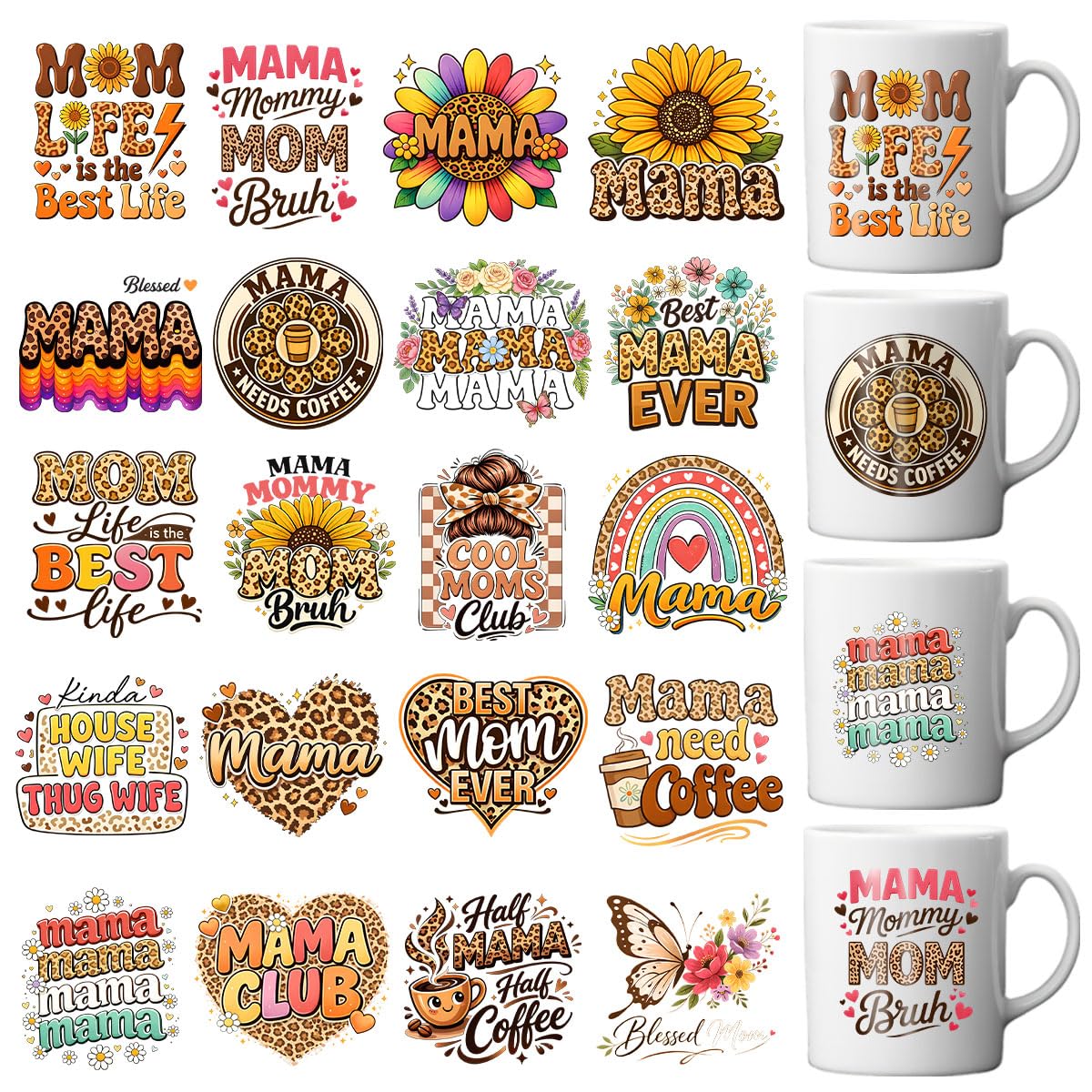 Stickers UV DTF pour tasses en verre, 20 décalcomanies humour de maman pour décorer vos gobelets