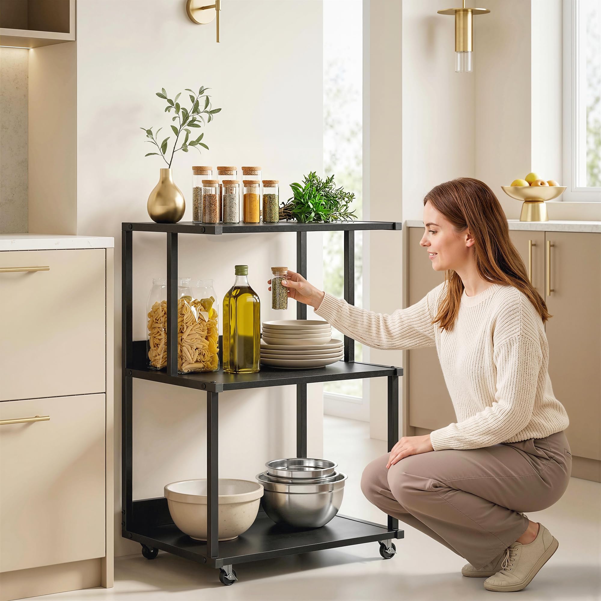 HOMCOM Carrello Porta Stampante a 3 Livelli, Supporto Stampante con Ruote con Freno, Salvaspazio in Metallo e Legno, per Casa, Studio, Ufficio, Industriale, 50x40x75cm, Nero