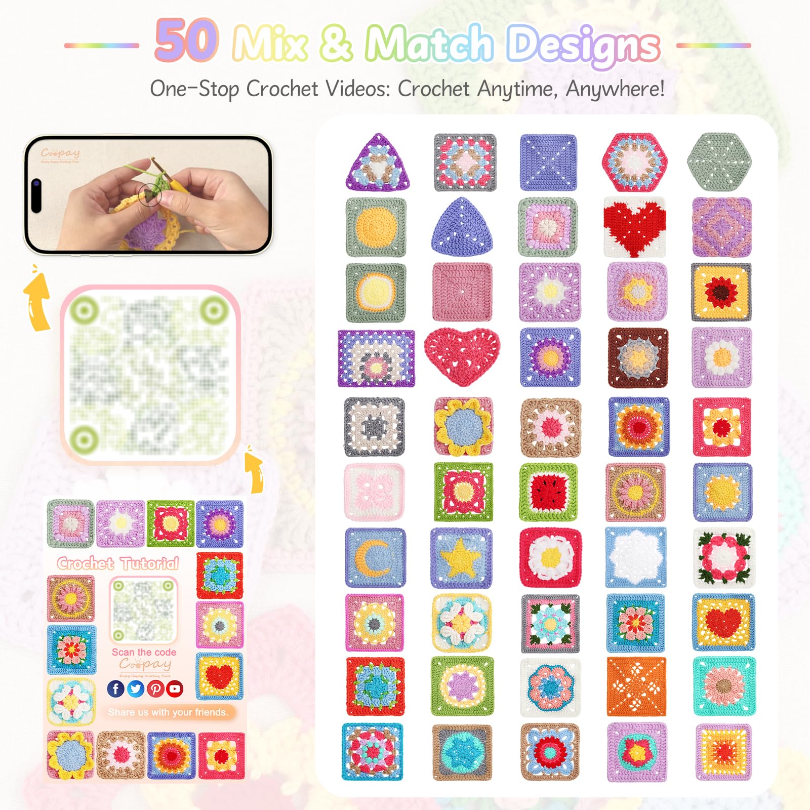 Coopay Quadratisches Häkelset für Anfänger, Häkel-Starter-Set, komplettes Häkelset mit Garn in 18 Farben und 3 quadratischen Häkelbüchern, Häkelstichkartendeck – 50 verschiedene Designs
