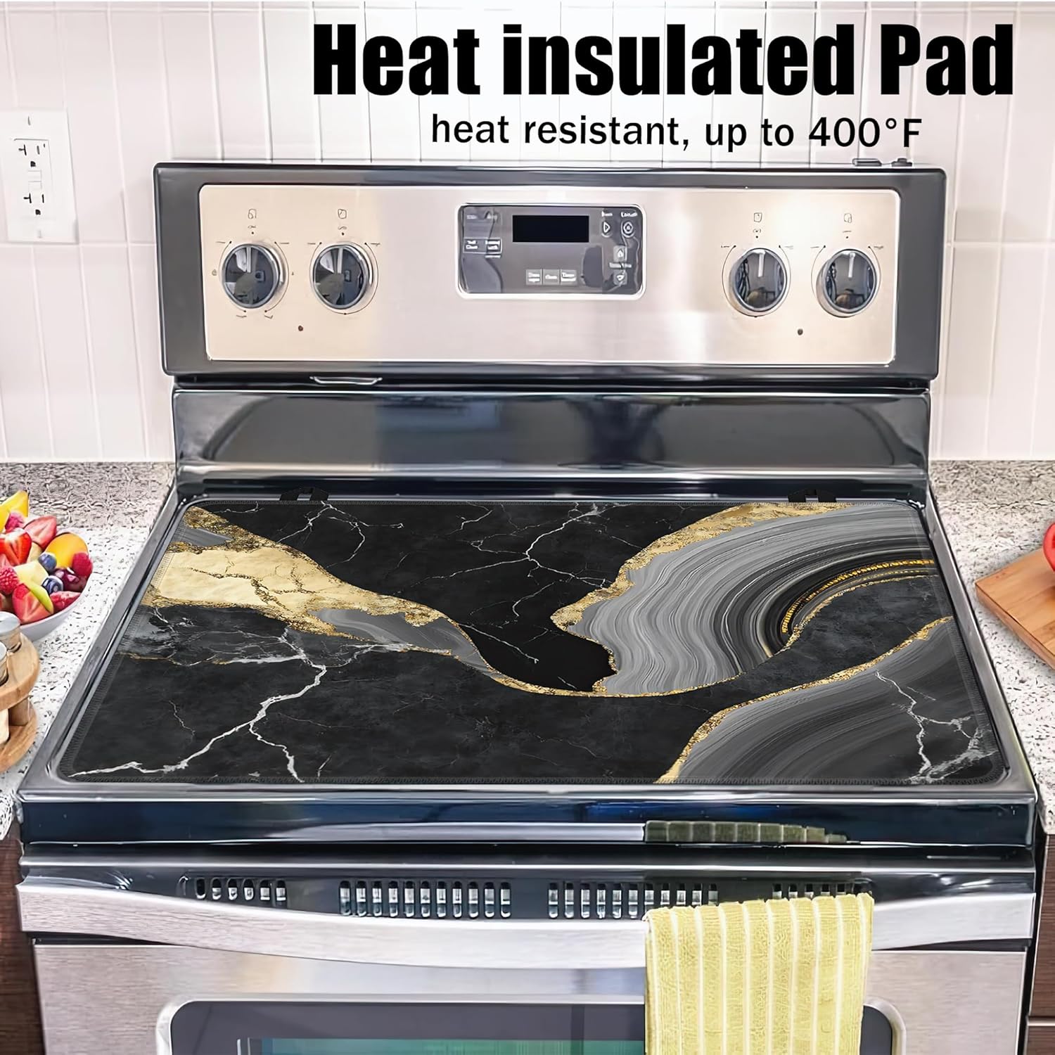 Black Gold Marble Glass Top Stove Cover Protector,Modern Heat Resistant Stove Top Cover, Large Size Range Covers for Electric Stove Countertop Mat, 28 x 20 Inch