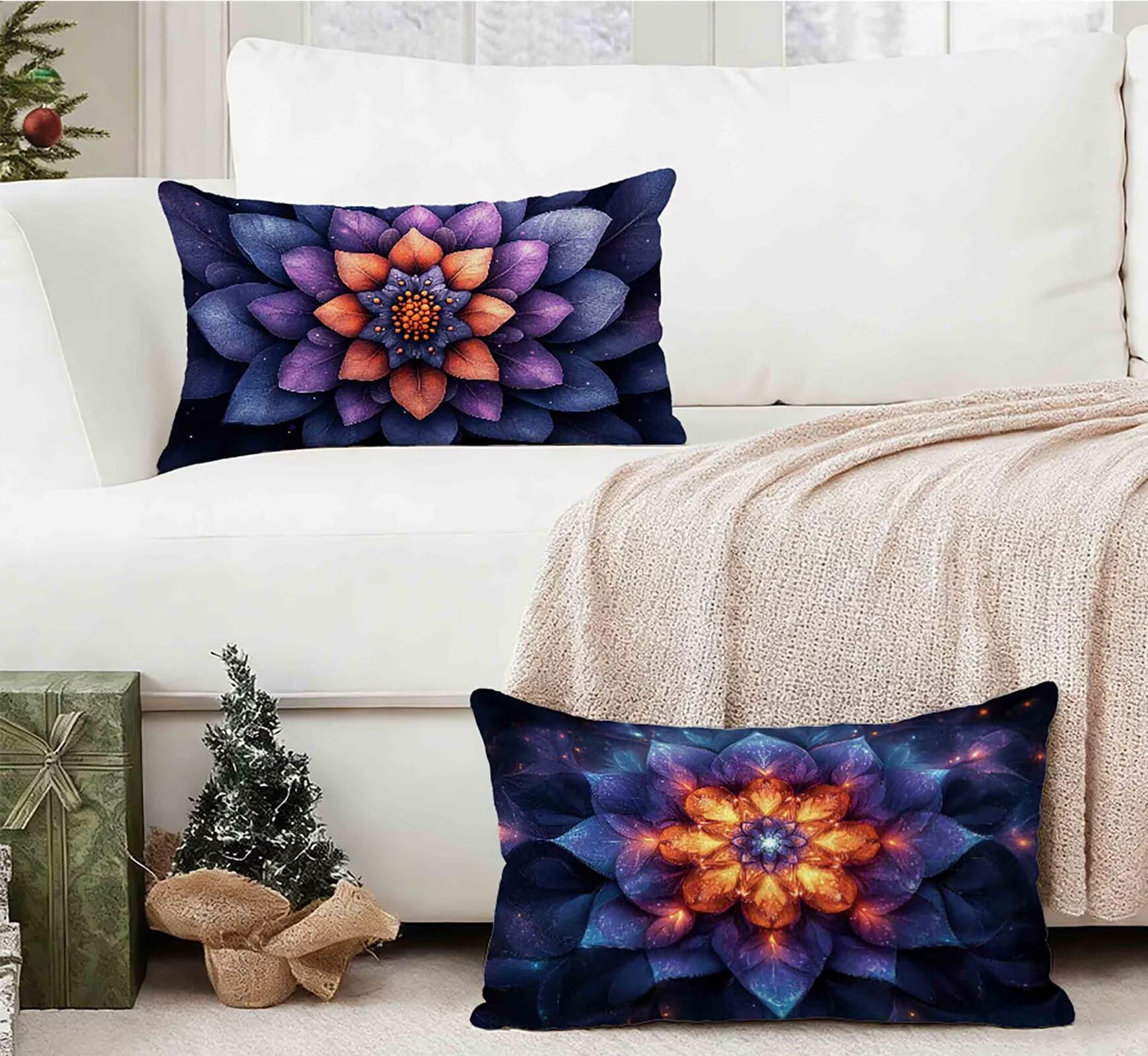 Kissenbezug 50x70 cm 2er Set, Kissenbezug Lila Kopfkissen Blume Muster Design Kopfkissenbezug Wasserdicht Leinen Pillow Case Herbstdeko mit Verstecktem Reißverschluss für Deko Wohnzimmer -lsy25012J0