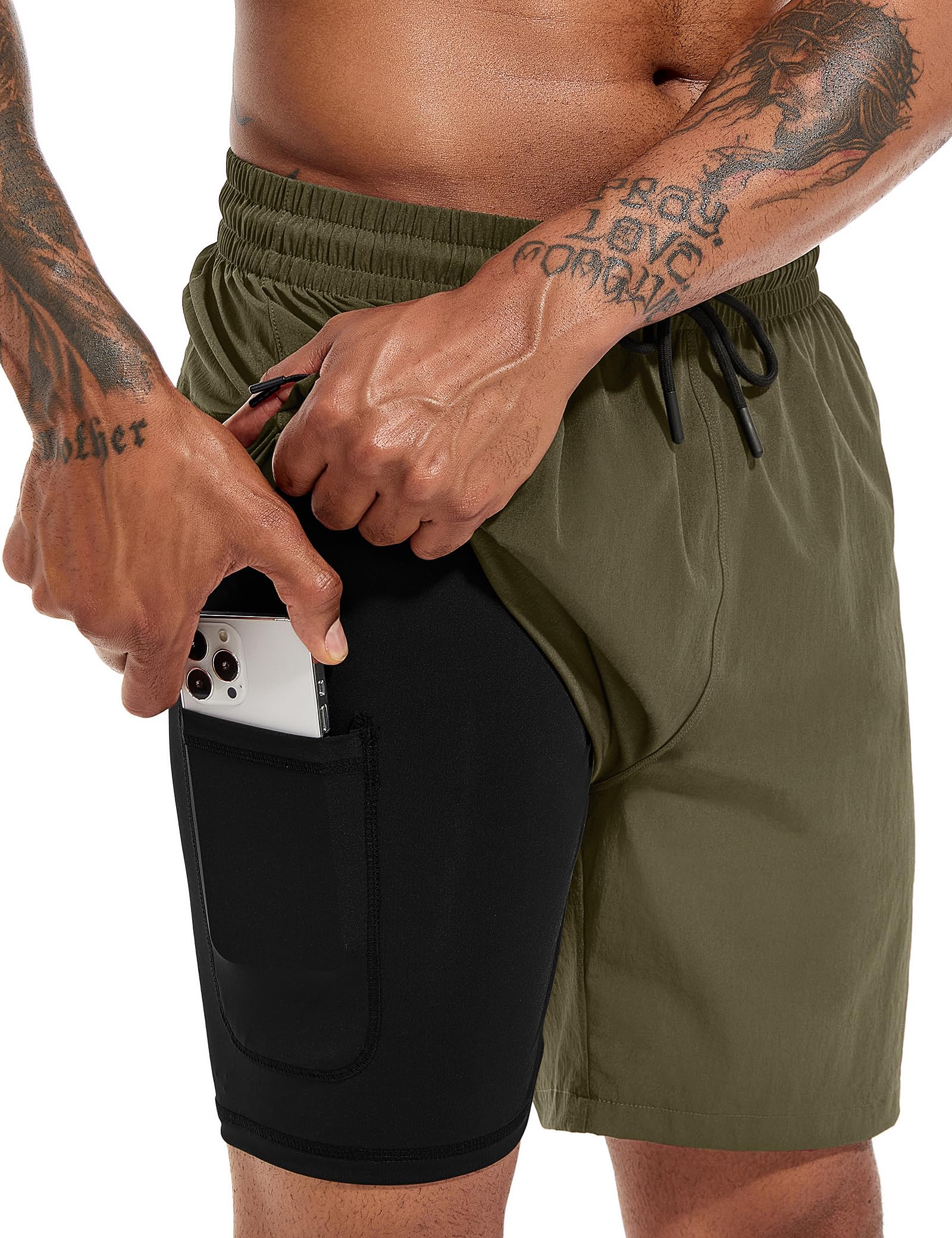 Atforna Badehose Herren Lang 2 in 1 Badeshorts mit Kompression Schnelltrocknend Atmungsaktiv Swim Shorts mit Reißverschlusstasche Verstellbar Tunnelzug