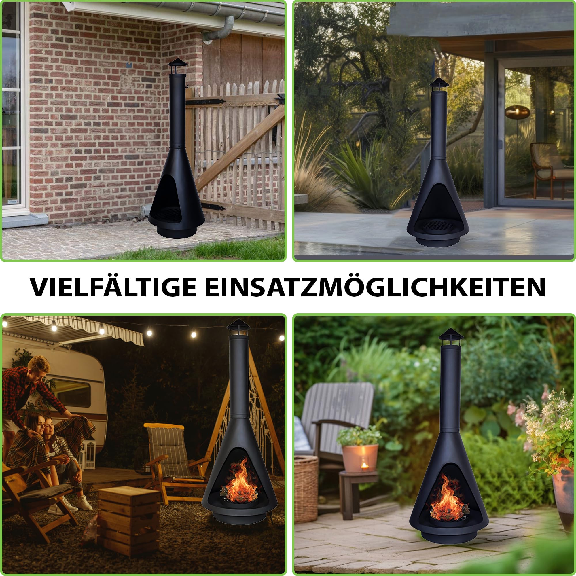 DRULINE- Gartenkamin. 143 cm hoher Grillkamin, aufgebaut als Dreibein Grill mit integrierter Feuerschale. Die Pyramide ist hervorragend als Terrassenofen geeignet.