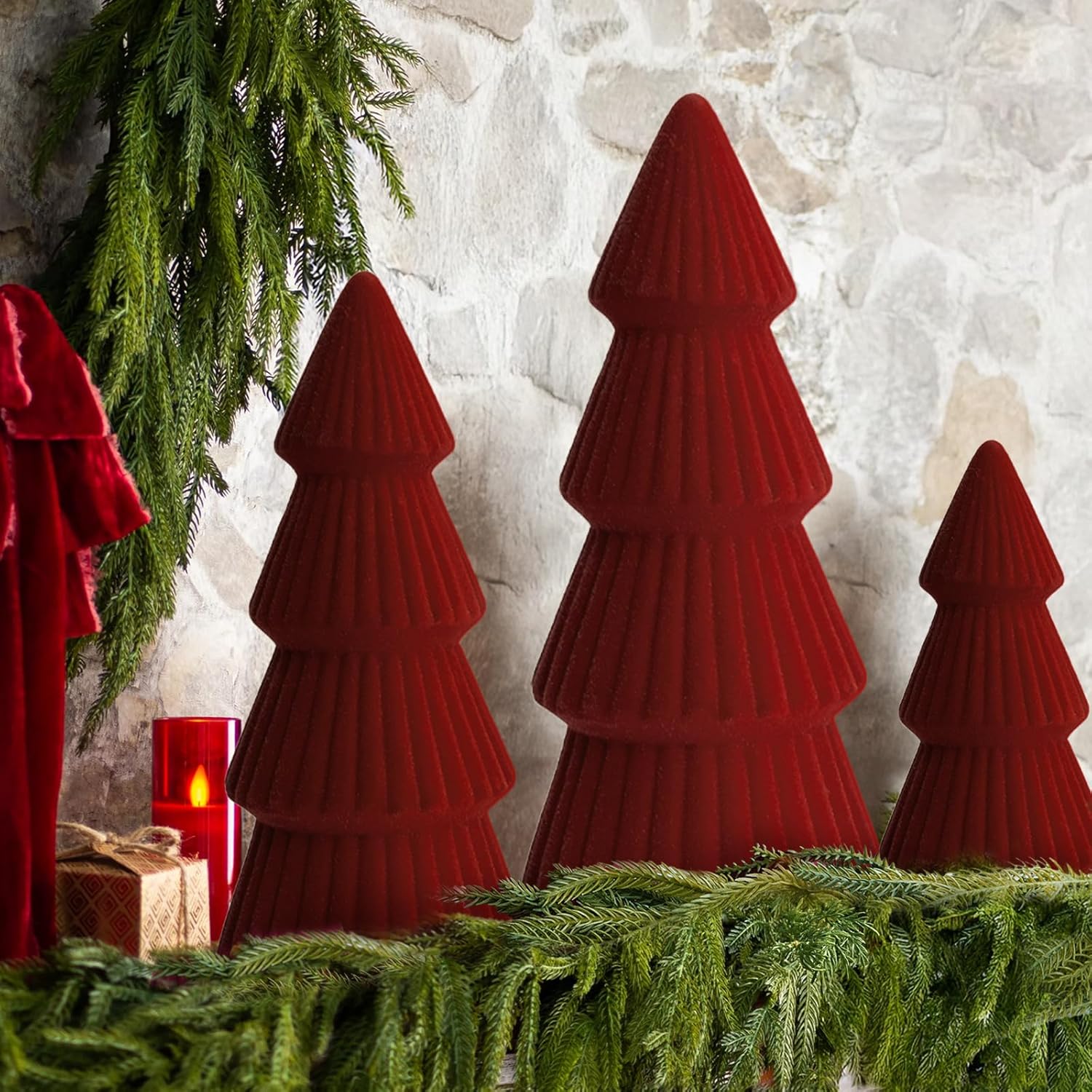 Christmas Decorations - Set of 3 Velvet Ceramic Christmas Trees - Modern Cone Indoor Christmas Decoration Centerpieces for Table Mantel and Living Room Home Decor (Red)