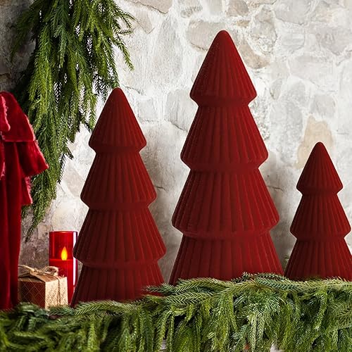 Miniatura 7 de Decoraciones de Navidad – Juego de 3 árboles de Navidad de cerámica de terciopelo – Cono moderno de decoración de Navidad para interiores, centros