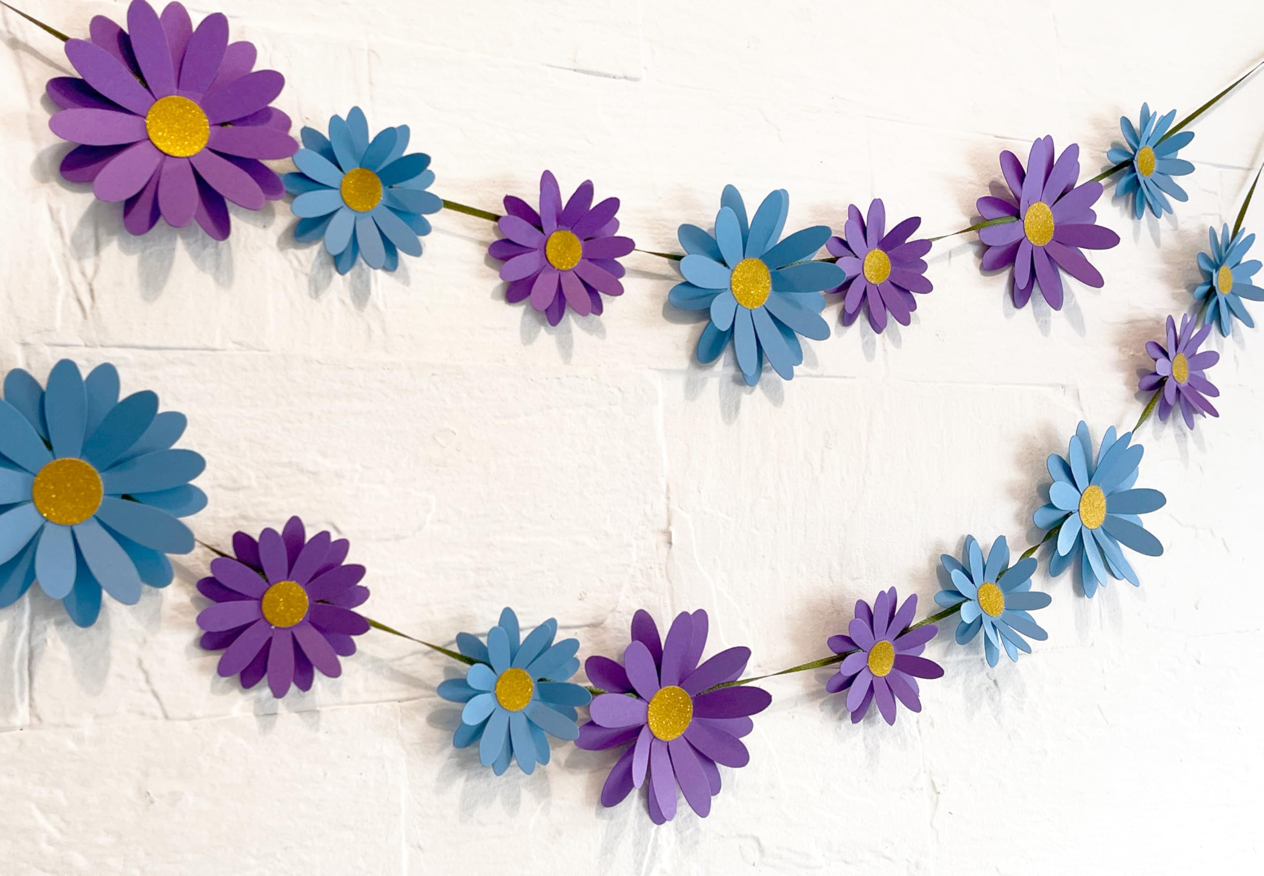 Blue Daisy Flowers Paper Decoration. Included 18 Paper Flowers, Needle, 10 feet Satin Ribbon for Flower Garland and Sticky Foam Squares for Wall Decor.-image-24