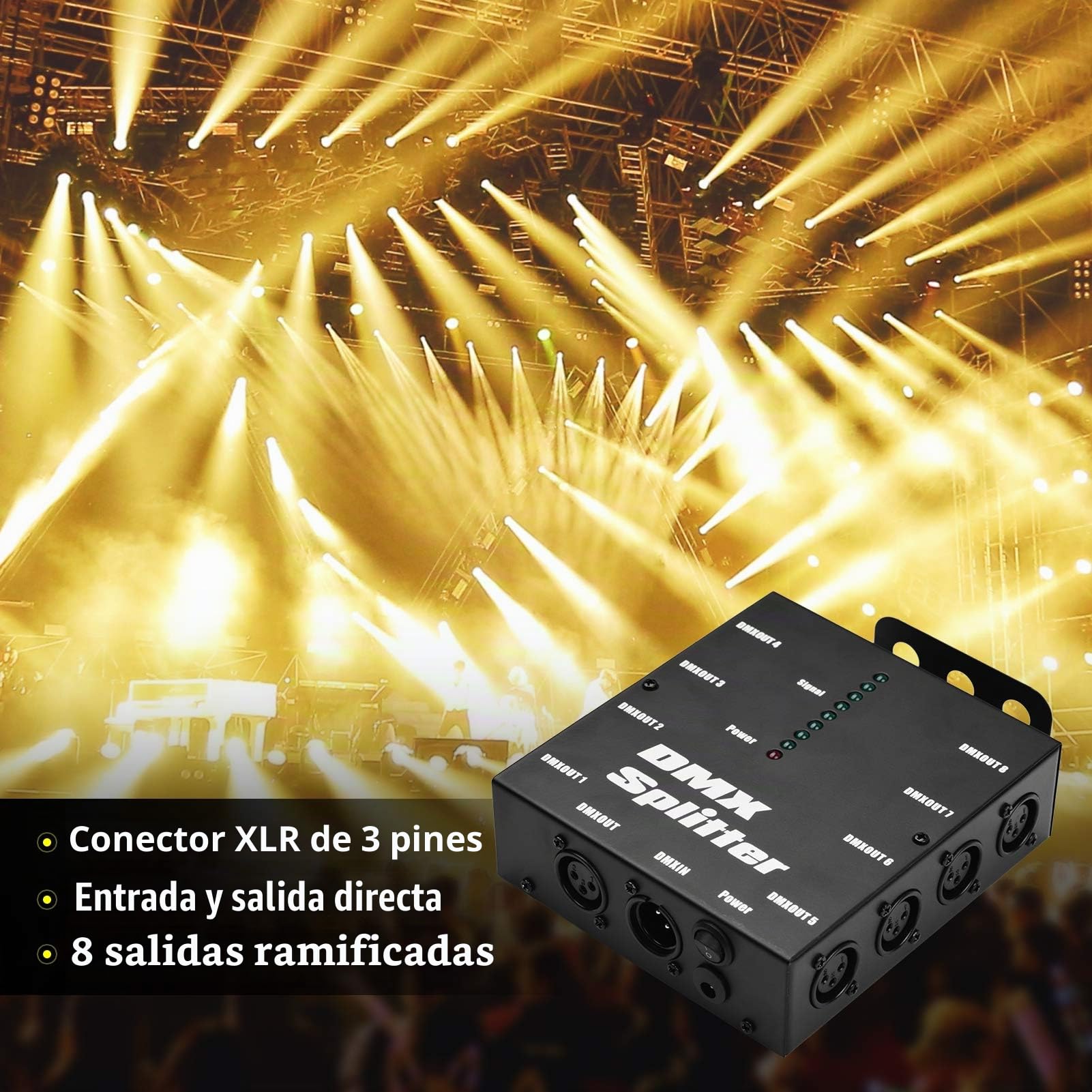 Splitter DMX,HUIOP DMX512 Amplificador de señal óptica Spliter Distribuidor 1 Entrada y salida directas 8 salidas independientes para controlador de luces Consola de escenario Fiesta DJ Club Disco KTV