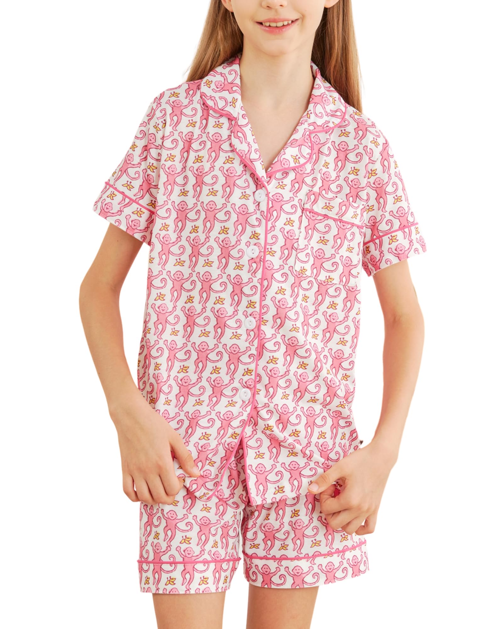 Girls Pajamas Sets, Kids Monkey Button Down Sleepover Loungewear