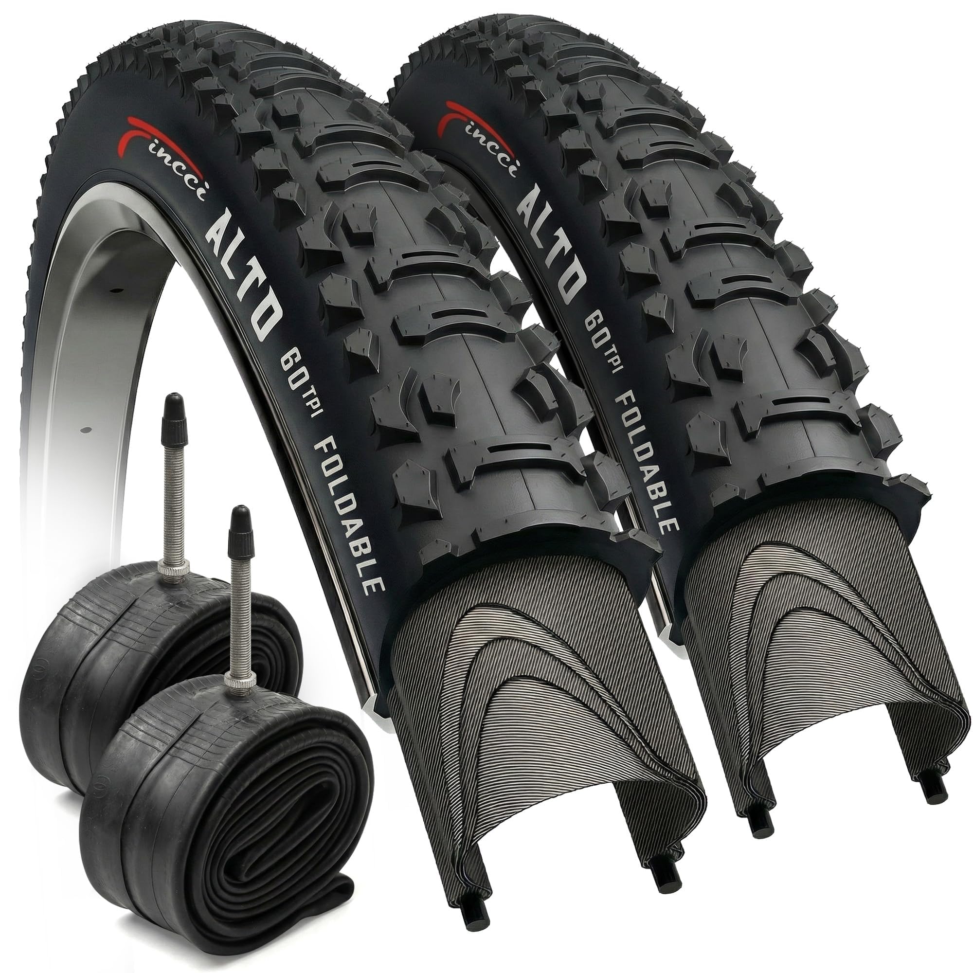 Fincci Pneu VTT 26 Pouces - Set Pliable Pneus pour Vélo 26 x 1.95 60 TPI avec Chambre à Air de Valve Presta 48mm - pour VTT Montagne, Velo Electrique, Hybrid Vélo, Sport Bicyclette - 50-559