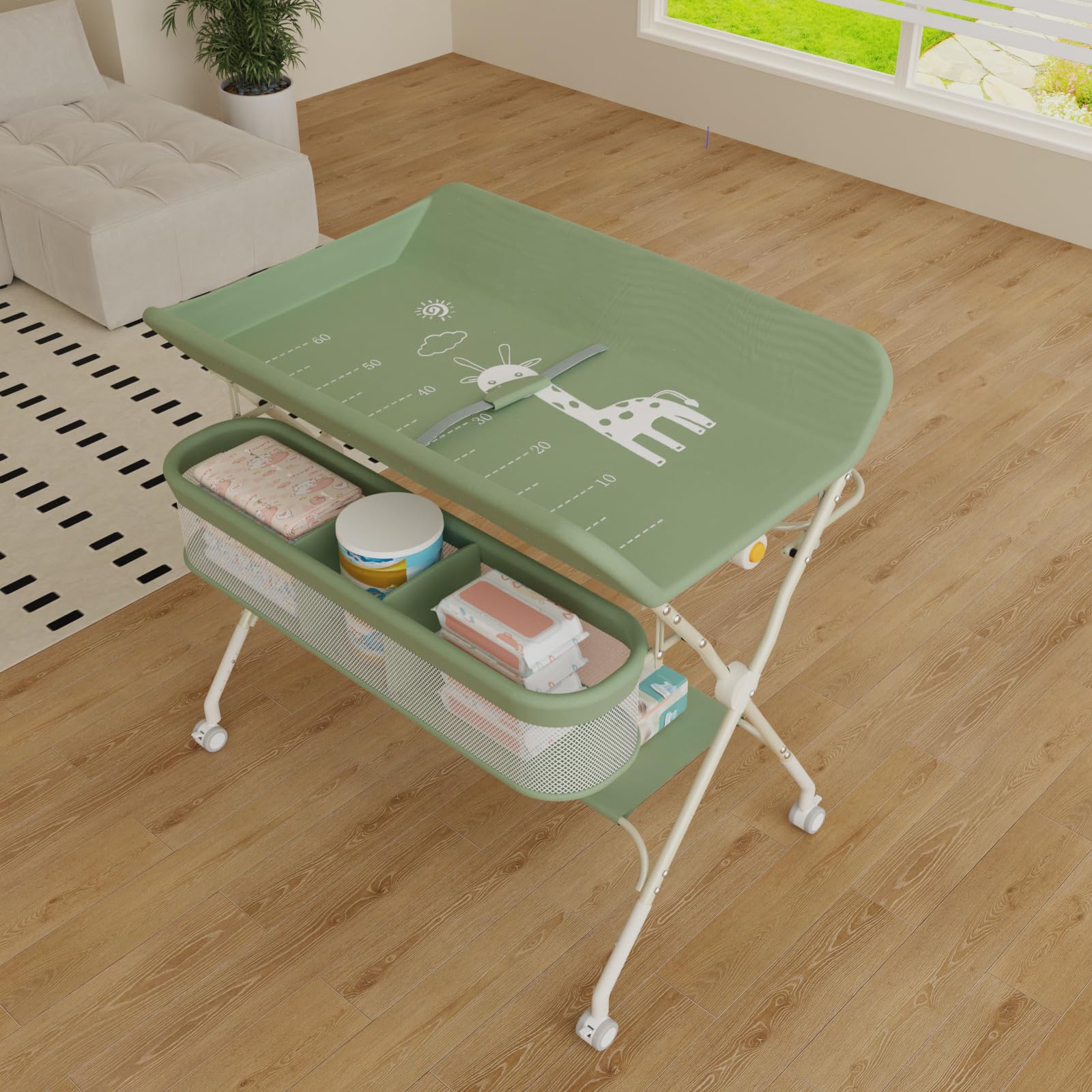 Wickeltisch Mobile – Wickelunterlage für Babys – klappbar – höhenverstellbar – Aufbewahrungskorb – Regal – Rad abschließbar – Grün