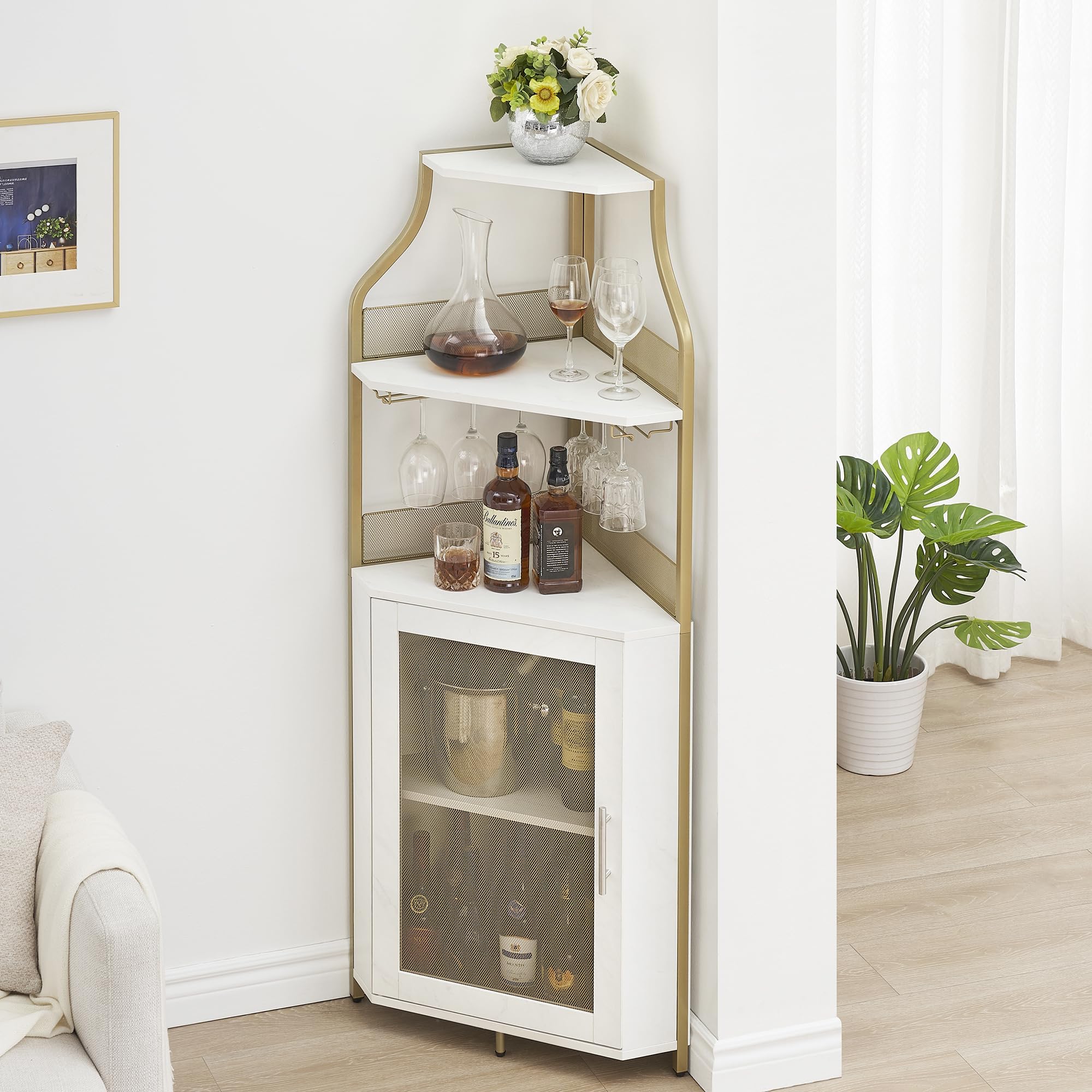 GarveeLife Armoire à Vin d'angle avec Casier à Bouteilles Amovible, Armoire Bar d'angle à 5 Niveaux avec Porte Coulissante Et Porte-Verres, Buffet De Style Fermier Et Bar d'Intérieur, Brun Rustique
