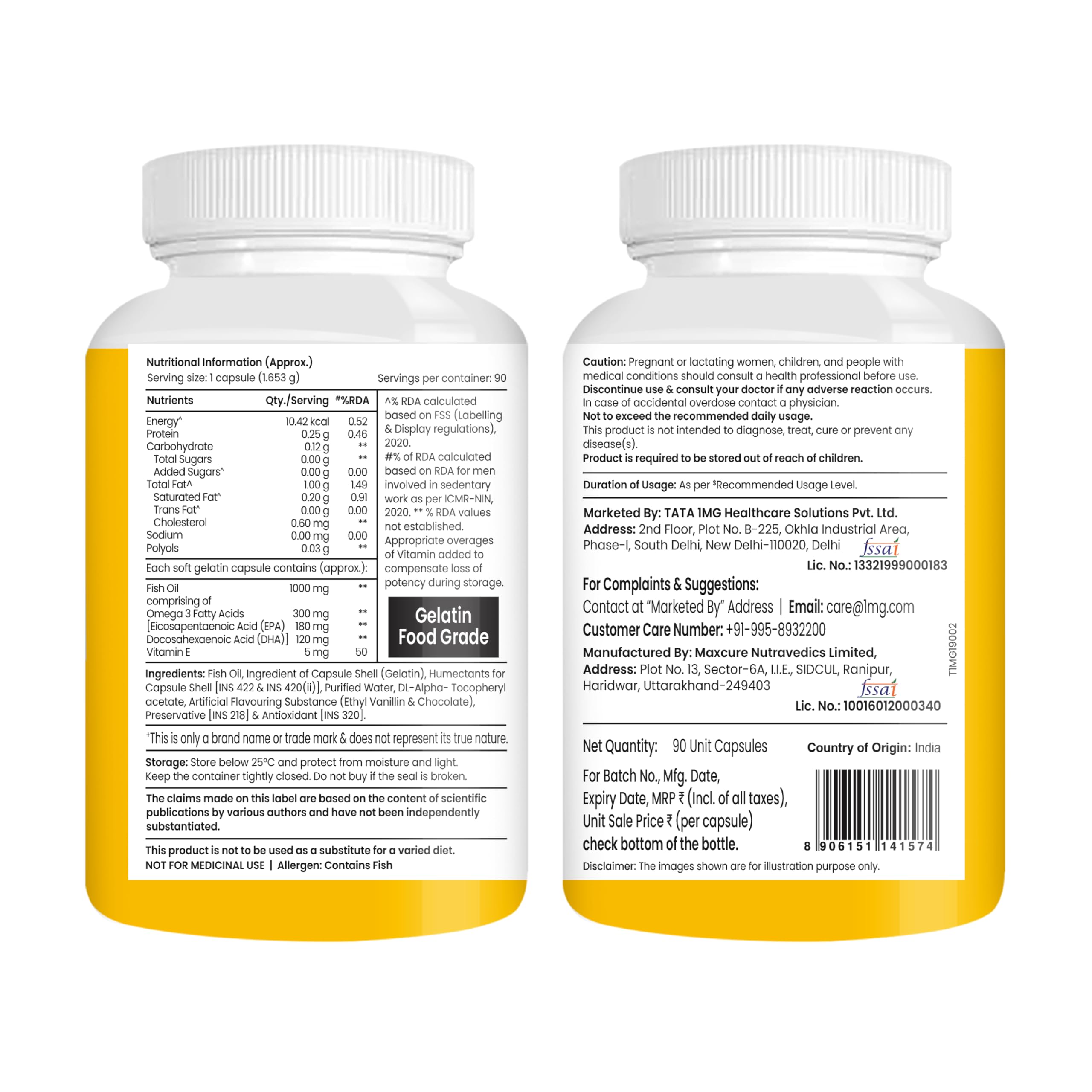 Tata 1mg Fish Oil Capsules with EPA (180mg) & DHA(120mg) for Hearth and Bone Health Skin & Hair Health, For Men/Women, No Fishy Burps,Non-GMO(Pack of 90)… — Amazon image 2