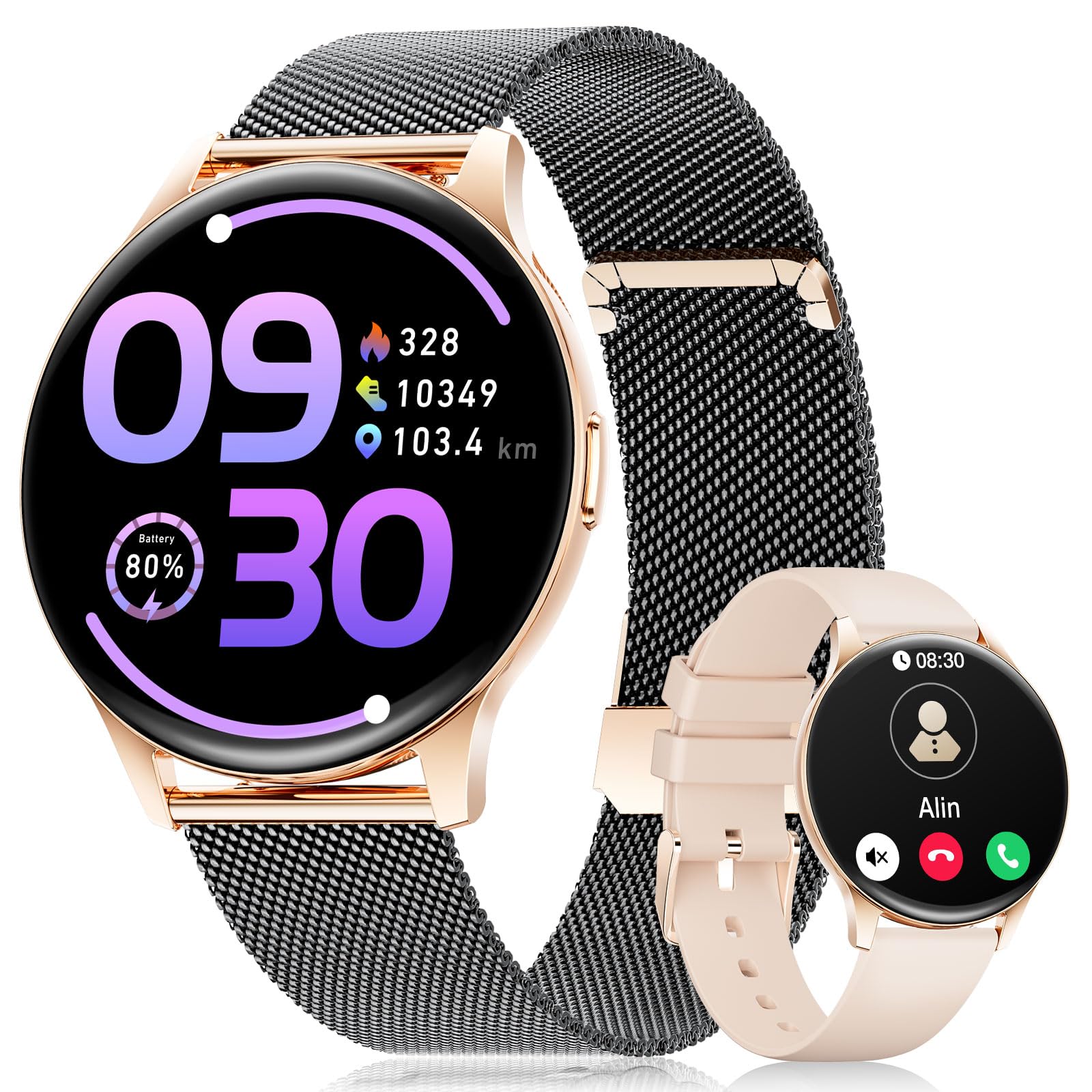 Amoled - Smartwatch da donna con funzione telefonica, da 1,43 pollici, rotondo, con 100 modalità sportive, monitoraggio della frequenza cardiaca 24/7, monitoraggio del sonno, impermeabile IP68