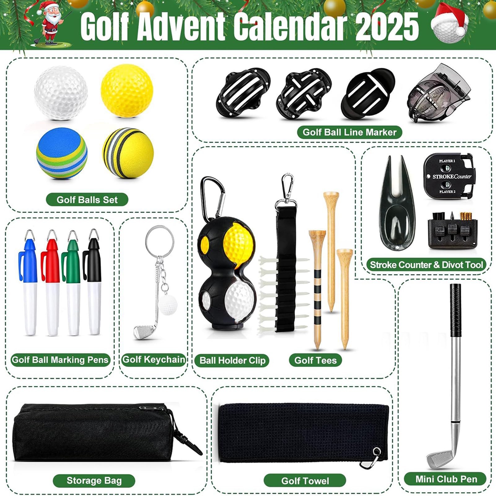 2025 Golfowy Kalendarz Adwentowy Świąteczny Narzędzia do Golfa 24 Dni