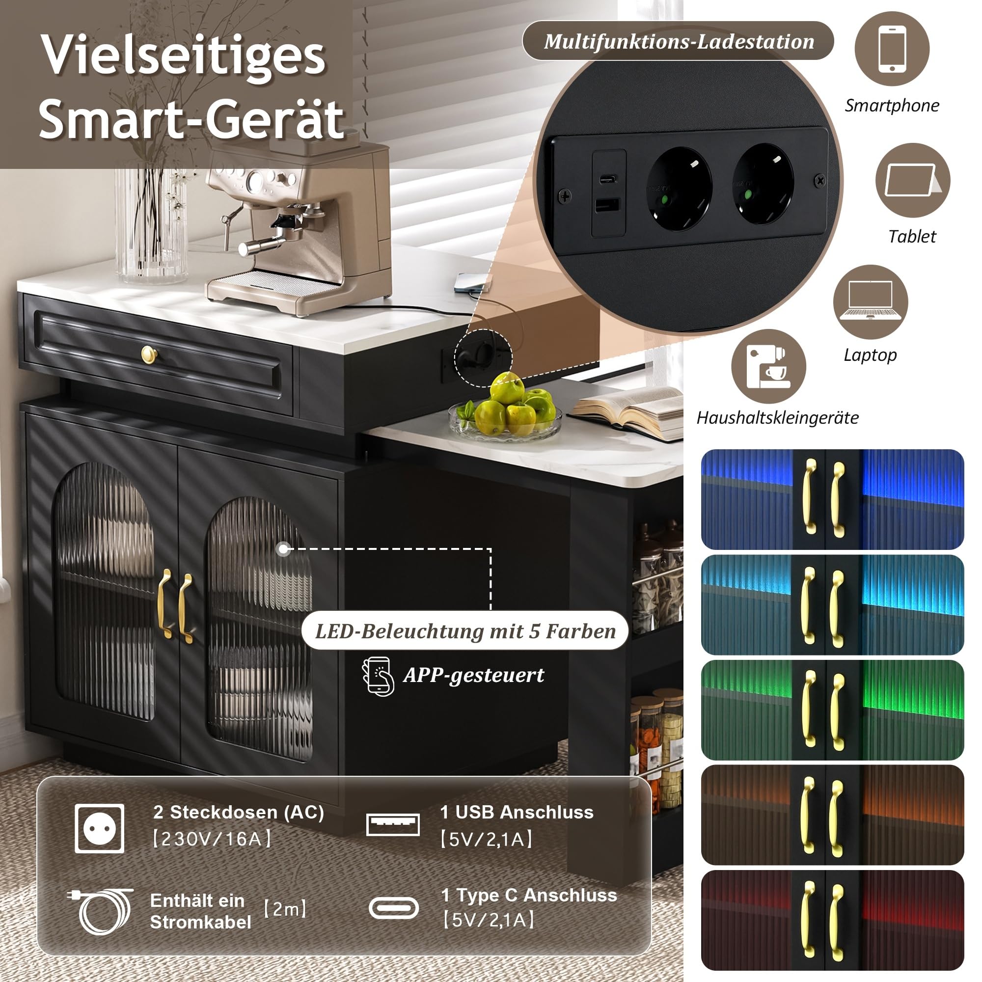 Isla de Cocina con LED, Mesa Extensible con Tablero Extraíble y Regletas de Enchufes, Mesa Alta con Puerta de Cristal y Cajones, Modern Mueble Buffet con Almacenamiento, 128~200×71×92cm (Negro)