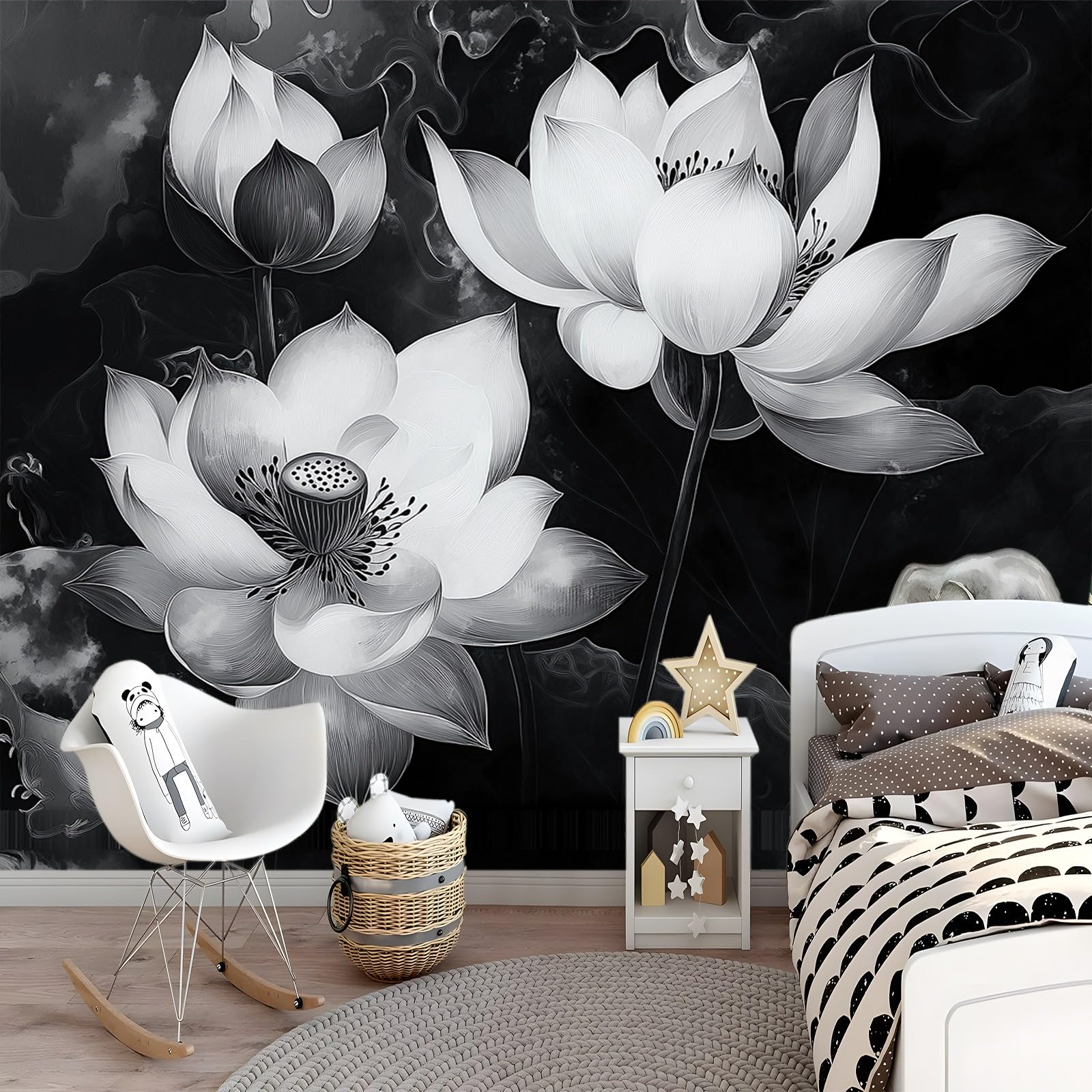 Tapeta kwiatowa Lotos Sztuka Czarny Biały 250 x 175 cm (szer. x wys.) , Fototapety z włókniny Nowoczesne tapety, malowidła ścienne Plakat z efektem 3D Wodoodporne fototapety do kuchni łazienki pokoju