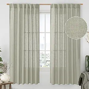 LAMIT Sage Grey 72 inch Linen Curtains for Living Room 2 Panels, Linen Textured Light Filtering Semi Sheer Back Tab and Rod Pocket Farmhouse Curtain Panels for Bedroom/Farmhouse, 52 x 72 Inch