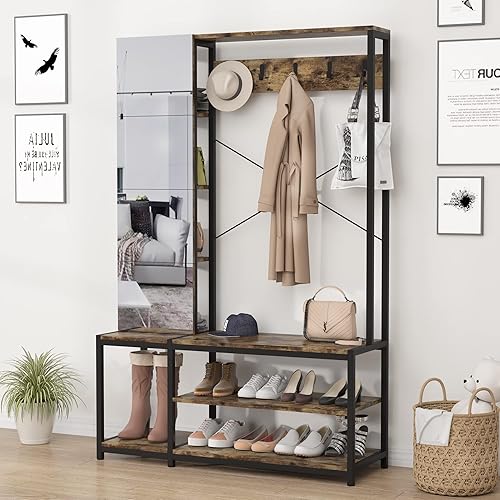 Miniatura 8 de PAKASEPT Organizador de armario independiente perchero con espejo estantes de almacenamiento y banco de zapatos perchero resistente para colgar ropa