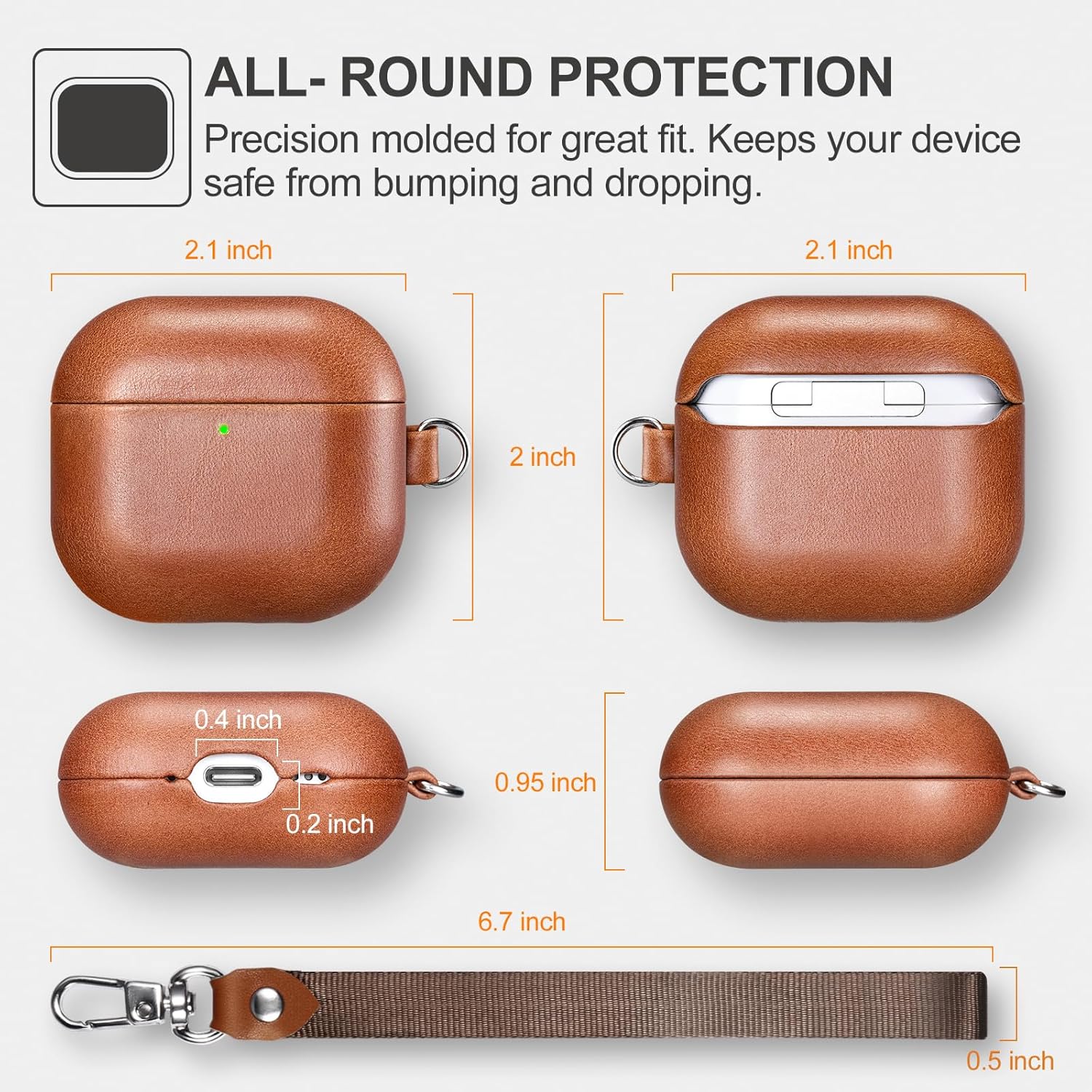 AirPods 4 Leather Case with Strap, ICARER Genuine Leather AirPod 4 Case with Strap and Led Light for Apple AirPods 4 (2024), Support Wireless Charging and MagSafe(Brown)