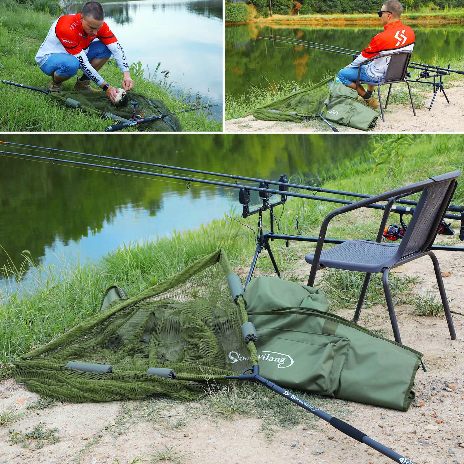 Sougayilang Épuisette de pêche à la carpe de 106,7 cm – Poignée télescopique en fibre de carbone de 2 m – Design flotteur robuste pour grosses carpes – Sac de transport inclus