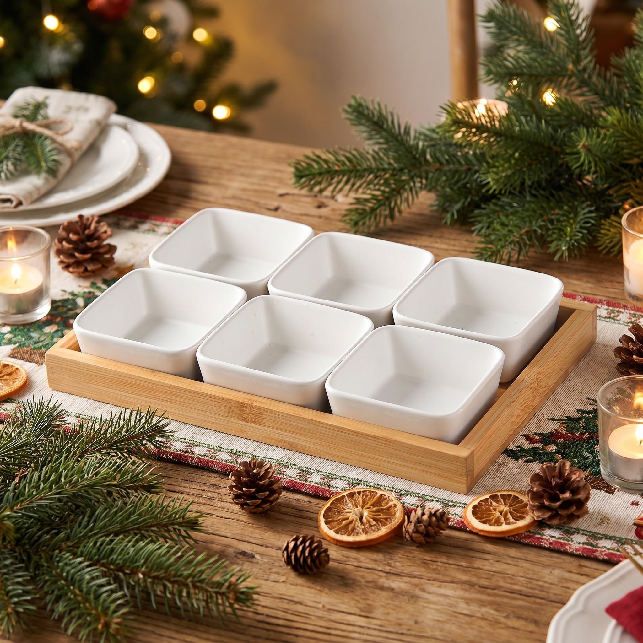OSALADI 1 zestaw tac do serwowania przypraw z oddzielnymi ceramicznymi miskami - 6-komorowe tace do podawania przypraw, chipsów i orzechów - nowoczesne naczynia kuchenne na przyjęcia herbaciane,