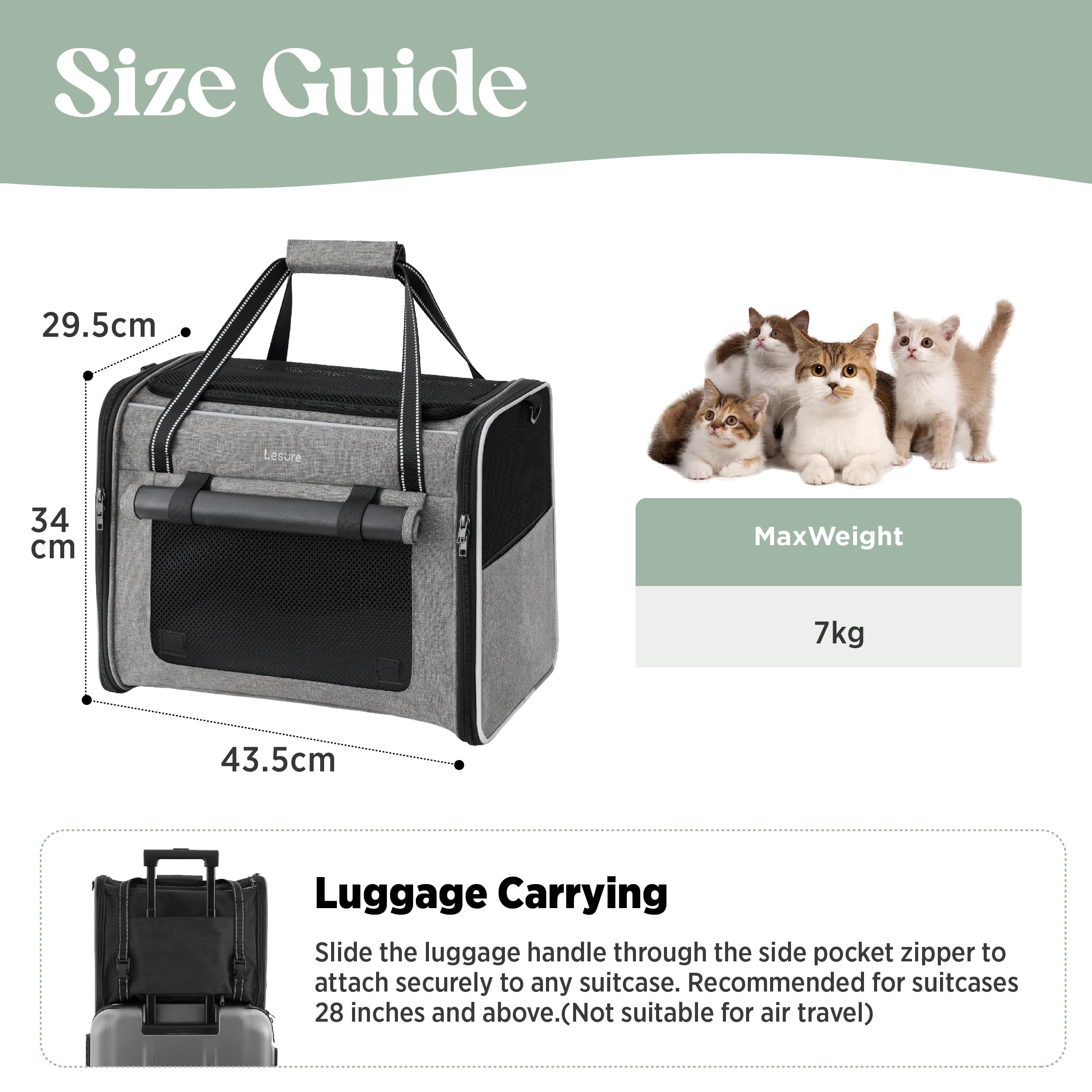 Lesure Trasportino pieghevole per gatti, 43,5x29,5x34 cm, Grigio chiaro | Borsa stabile con lati morbidi, rete traspirante, cintura auto, tracolla e tappetino rimovibile per gatti e gattini