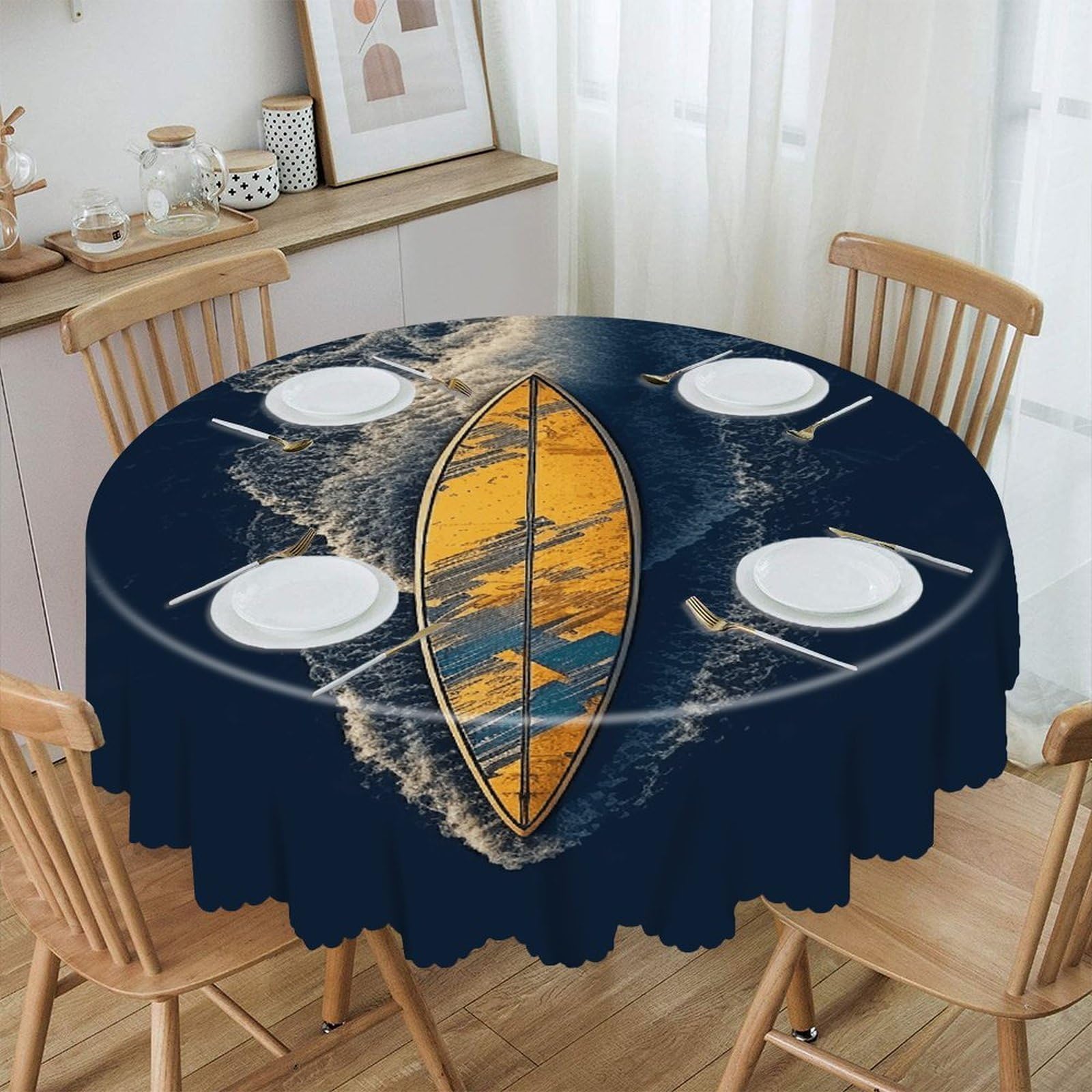 VstaDank Surfboard Round Tablecloth Premium Polyester Table Cloth Heavy Duty Washable Fabric Tablecloth Waterproof Holiday Table Cover Decorative Tablecloths for Dining 60"