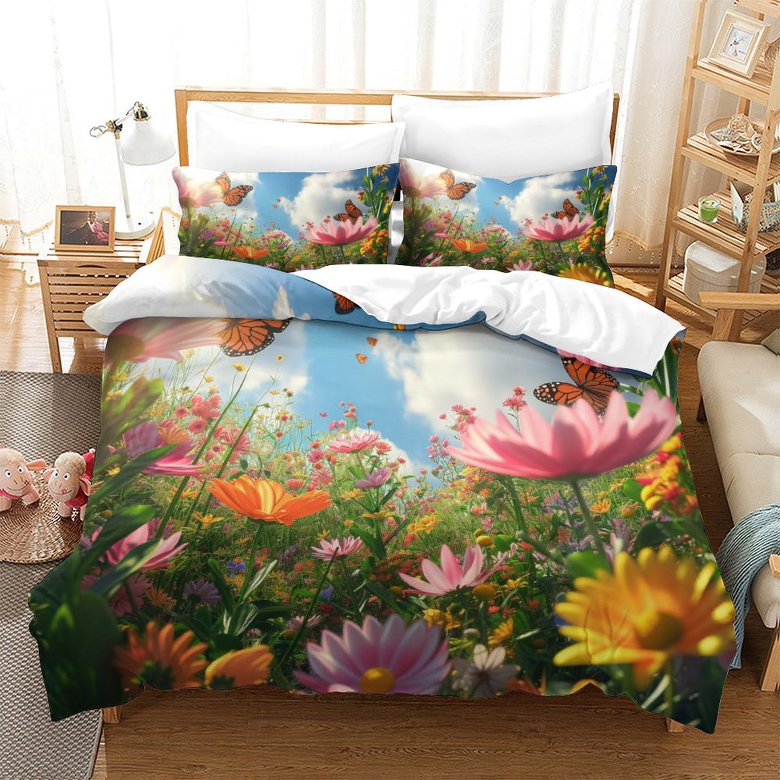 Housse de couette fleurs 3D 260x220 cm avec 2 taies d'oreiller pour lit super king