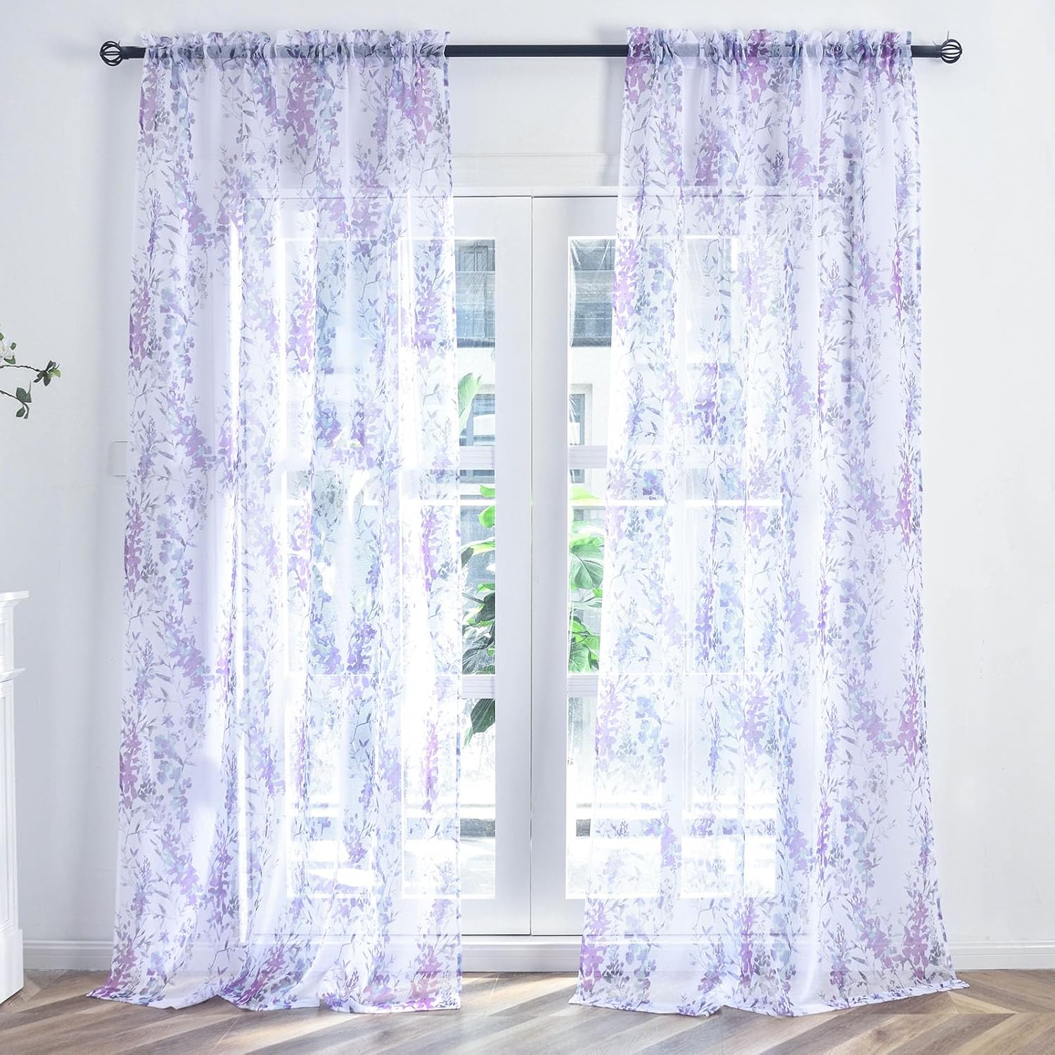 Kotile Purple White Sheer Curtains 84 Inches Long, Classic Vintage Branch Leaf Floral Print Sheer Curtains for Living Room, Rod Pocket Privacy Sheer Window Curtains, 50 x 84 Inch, Purple
