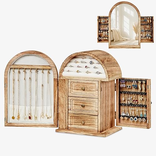 Joyero organizador, caja de joyería de madera maciza, almacenamiento de collares, anillos, aretes, pulseras con espejo y cajones, regalos de Navidad